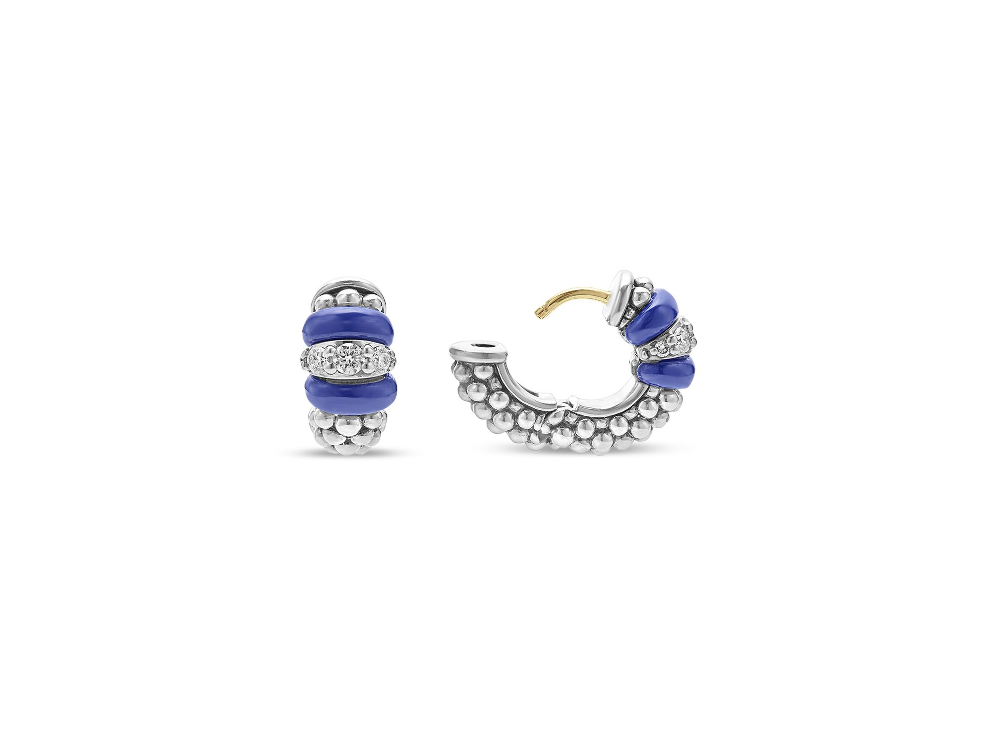 Blue Caviar Ceramic and Diamond Huggie Earrings in Sterling Silver — Image 4