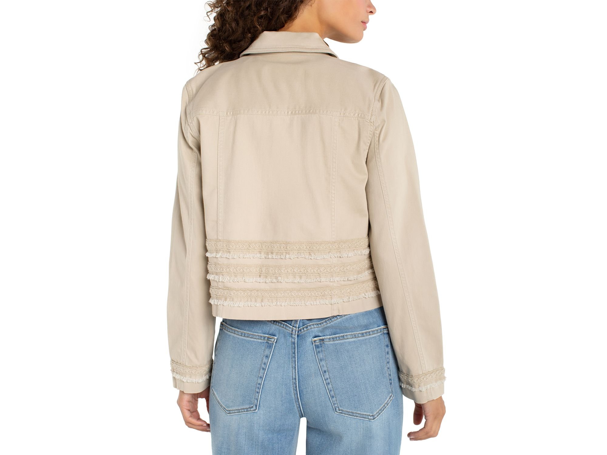 Denim Trucker Jacket with Fray and Lace in Safari Sand — Image 4