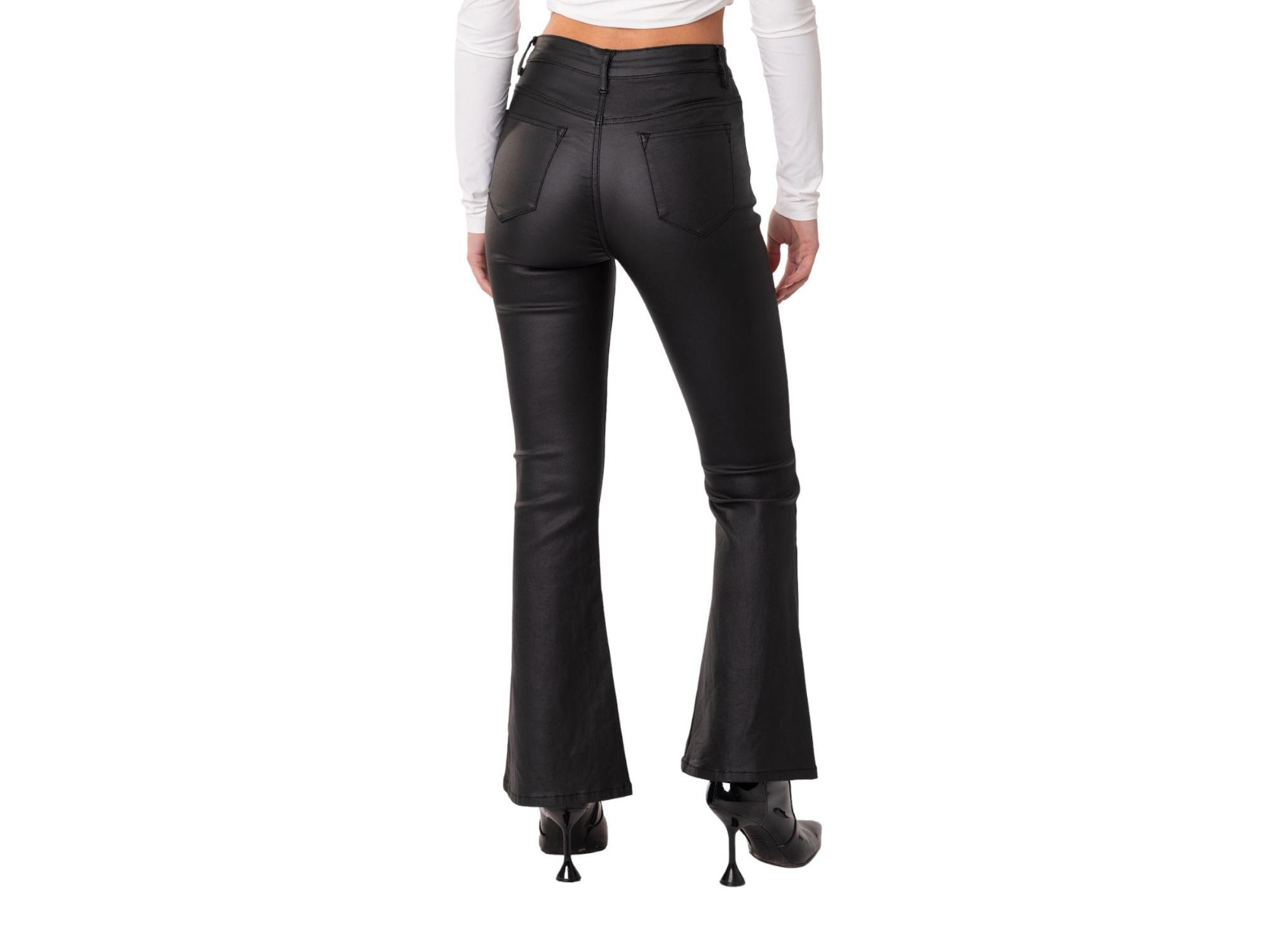 Petite Luna Faux Leather Flare Jeans in Black — Image 3