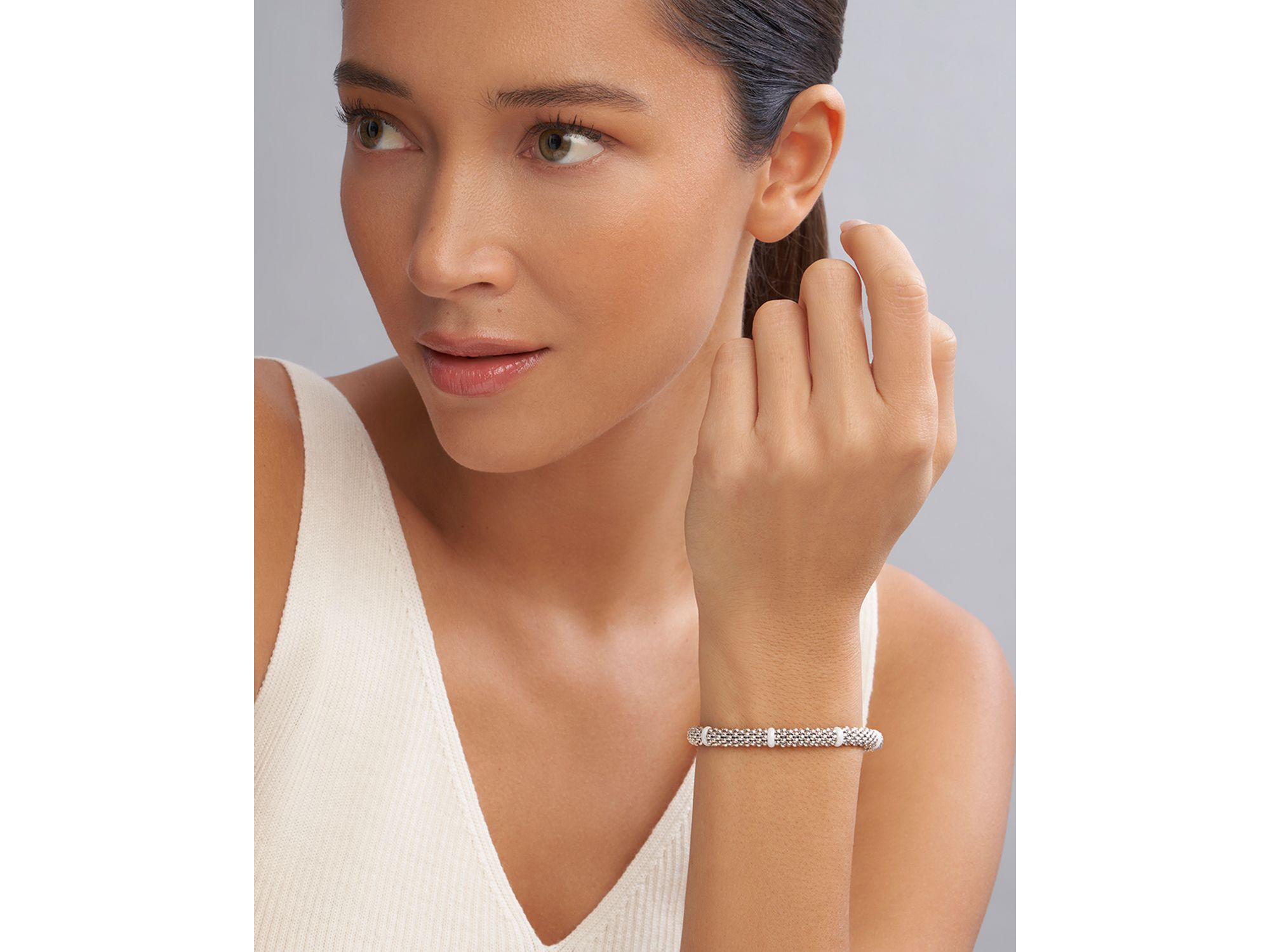 Ceramic & Sterling White Caviar Seven Station Bracelet — Image 4
