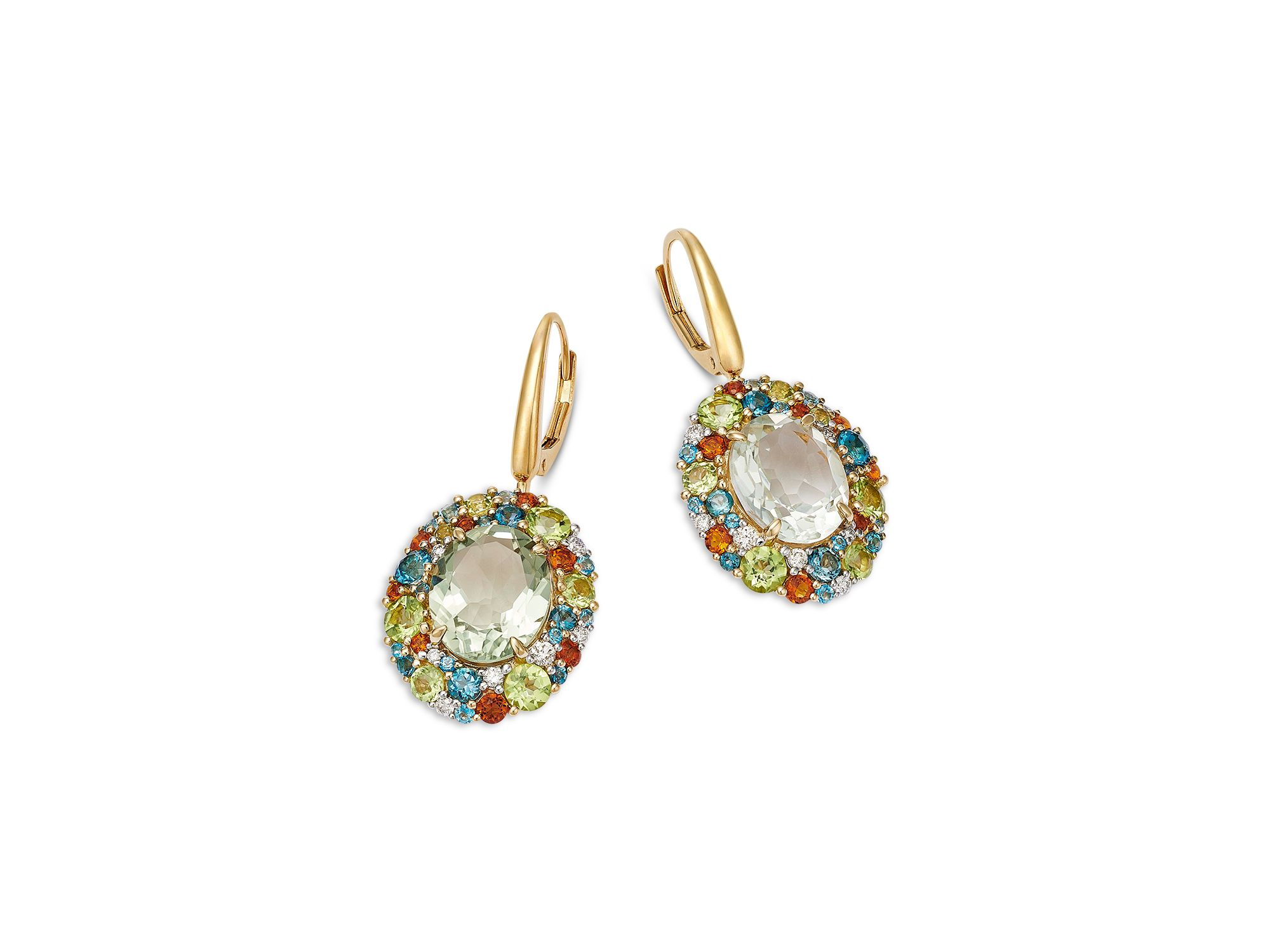 Prasiolite, Multi Gemstone & Diamond Hoop Drop Earrings in 14K Yellow Gold — Image 3