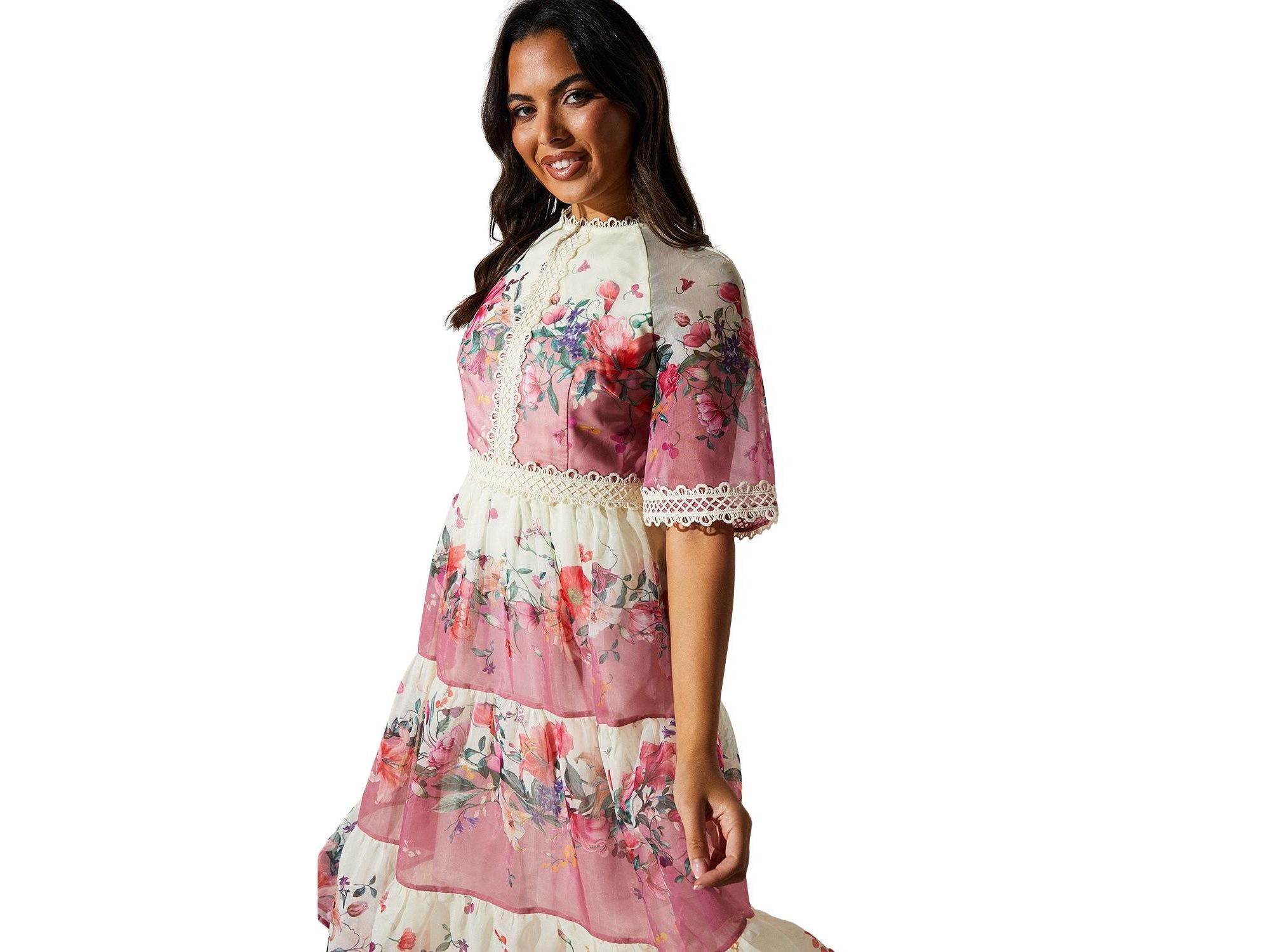 Organza Floral Tiered Lace Trim Dress — Image 3