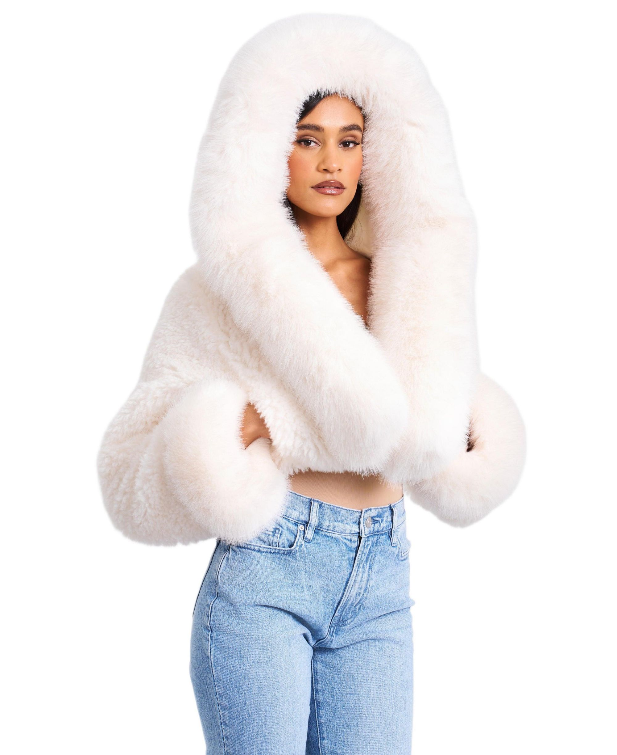 Kali Cropped Faux Fur Jacket with Hood — Image 3