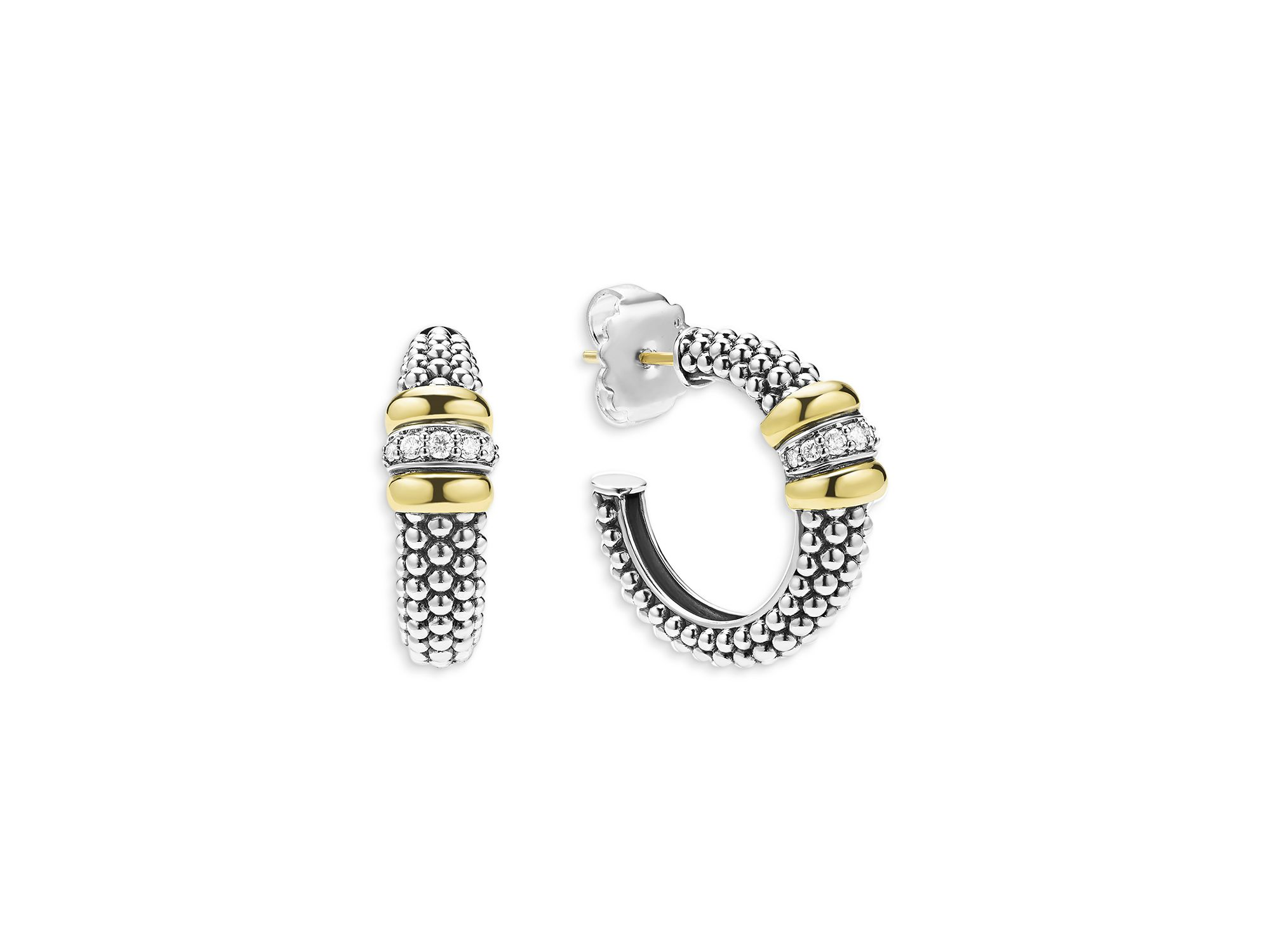 18K Yellow Gold & Sterling Signature Caviar Diamond Beaded Hoop Earrings — Image 4
