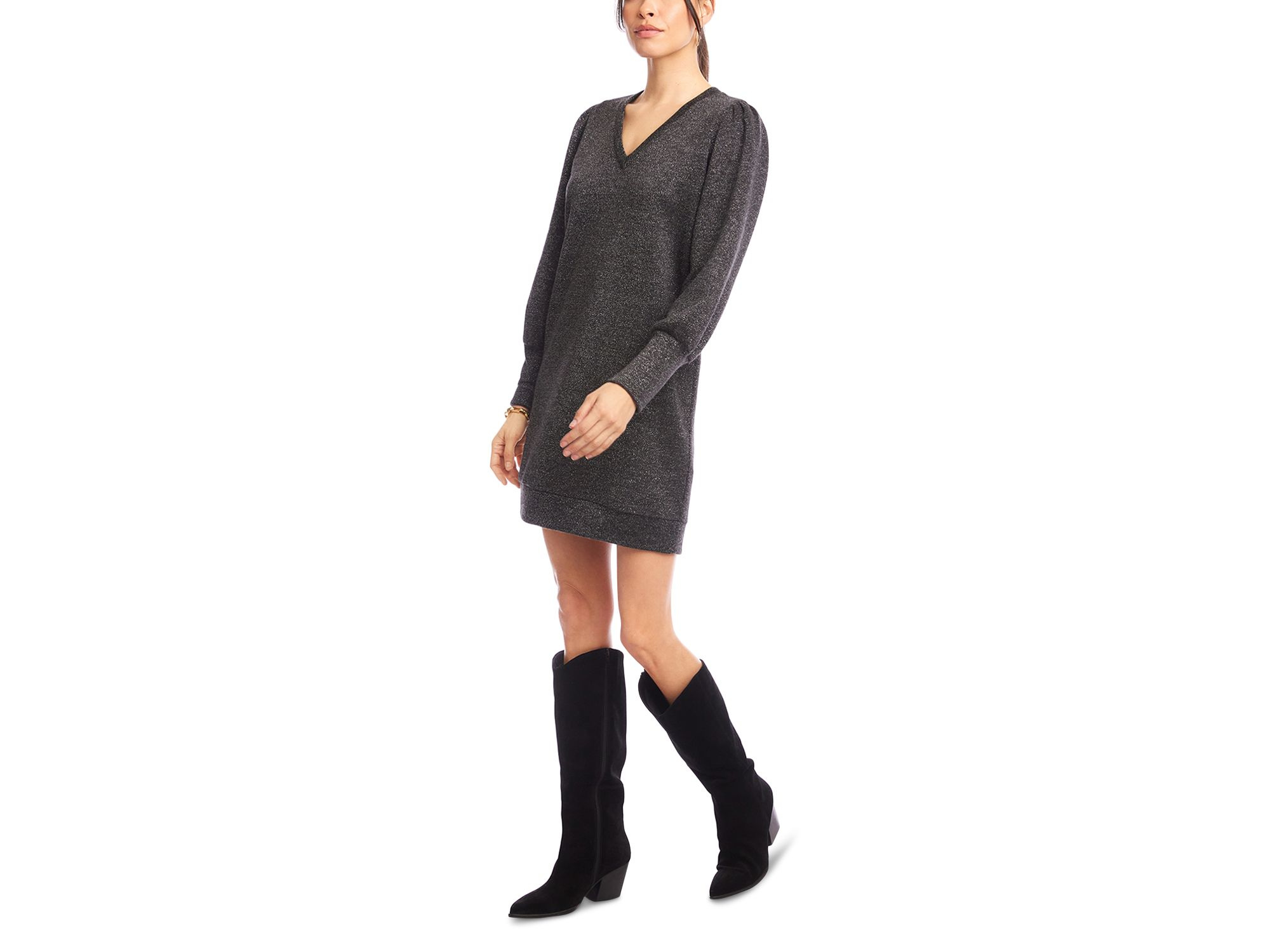 Puffed Sleeve V Neck Dress — Image 3