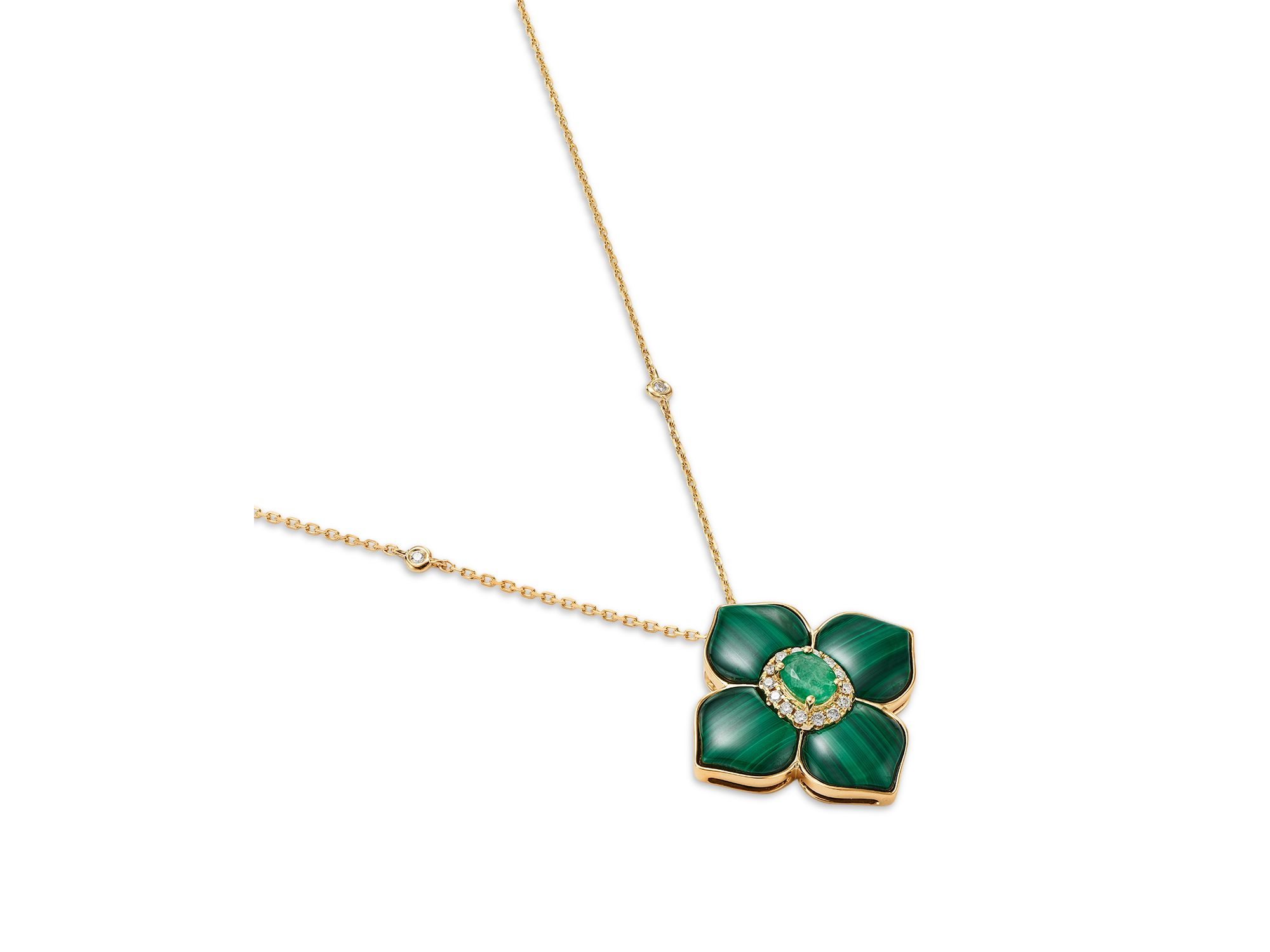 Emerald, Malachite & Diamond Flower Pendant Necklace in 14K Yellow Gold, 18" — Image 3