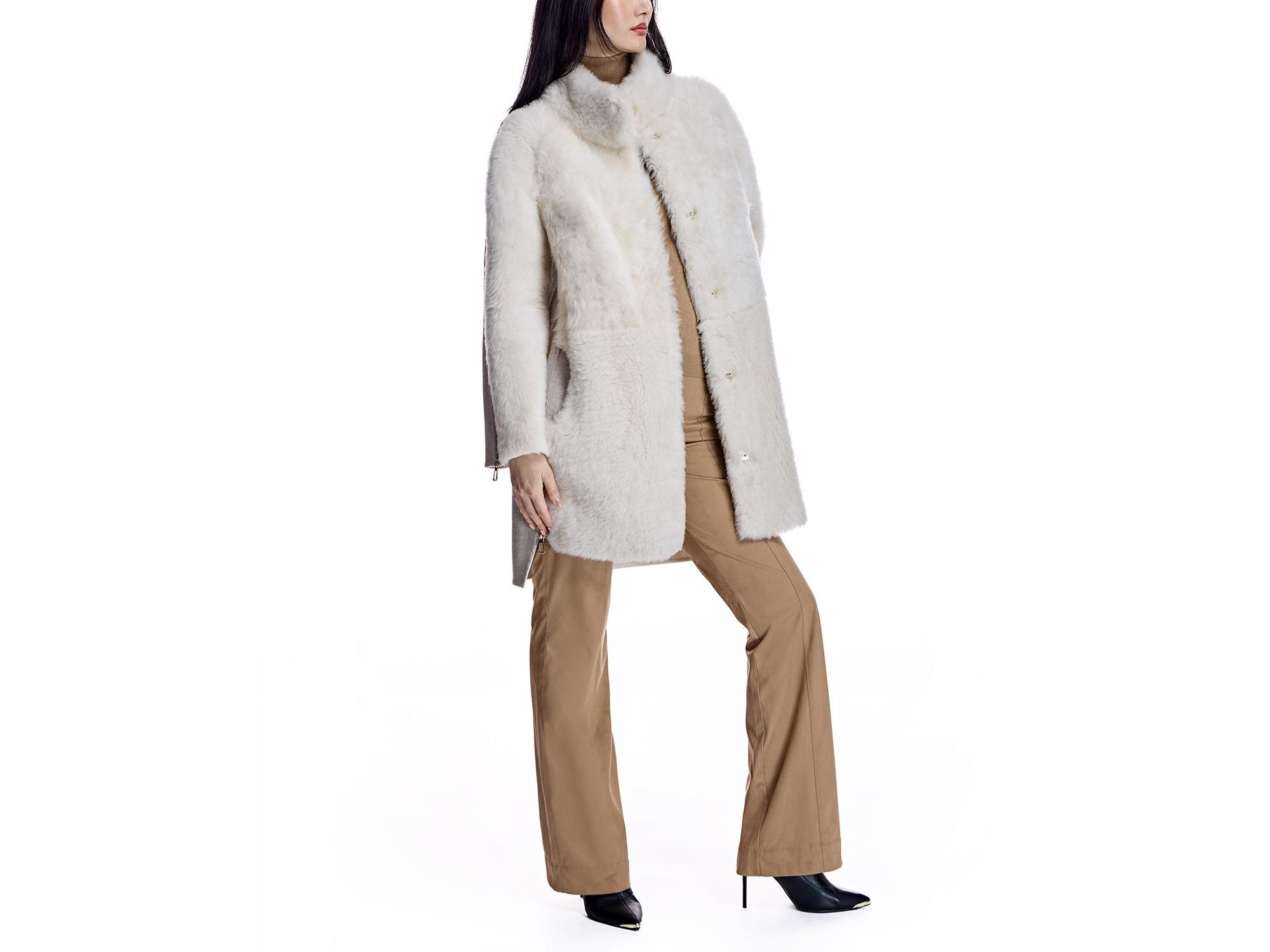 Mixed-Media Shearling Coat With Zipper Trim — Image 7
