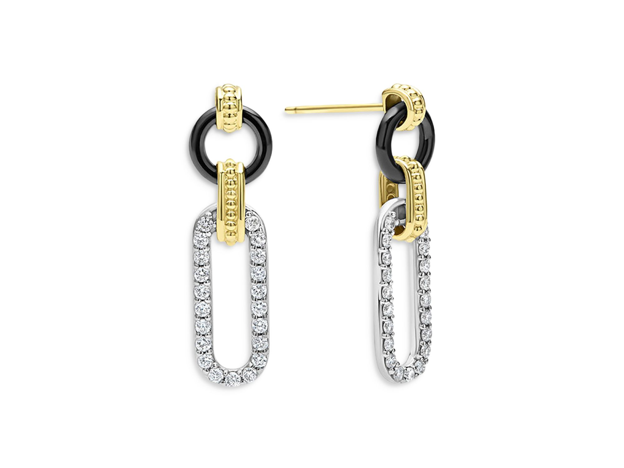18K Gold Signature Caviar Diamond & Black Ceramic Link Drop Earrings — Image 4