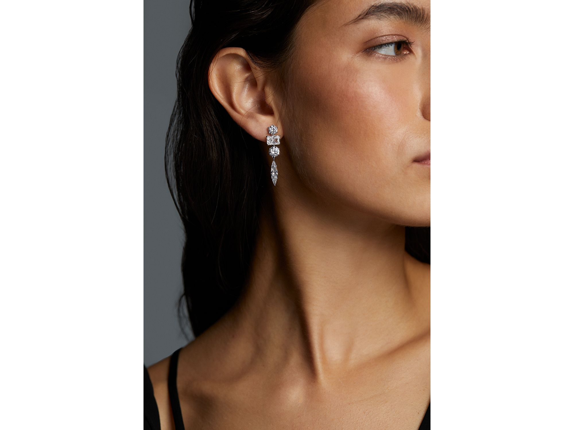 BTRX Mixed Cubic Zirconia Linear Drop Earrings in Rhodium Plated — Image 3