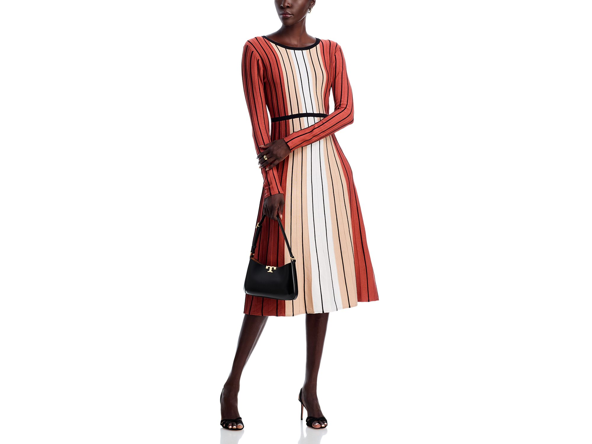 Long Sleeve Round Neck Vertical Color Block Stripe Dress — Image 3