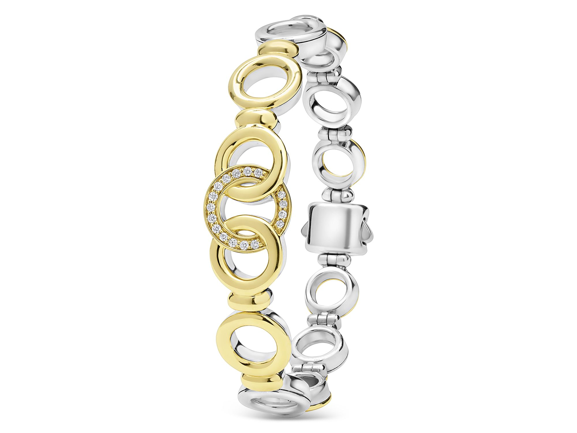 18K Yellow Gold & Sterling Silver Signature Caviar Diamond Interlocking Ring Link Bracelet — Image 3