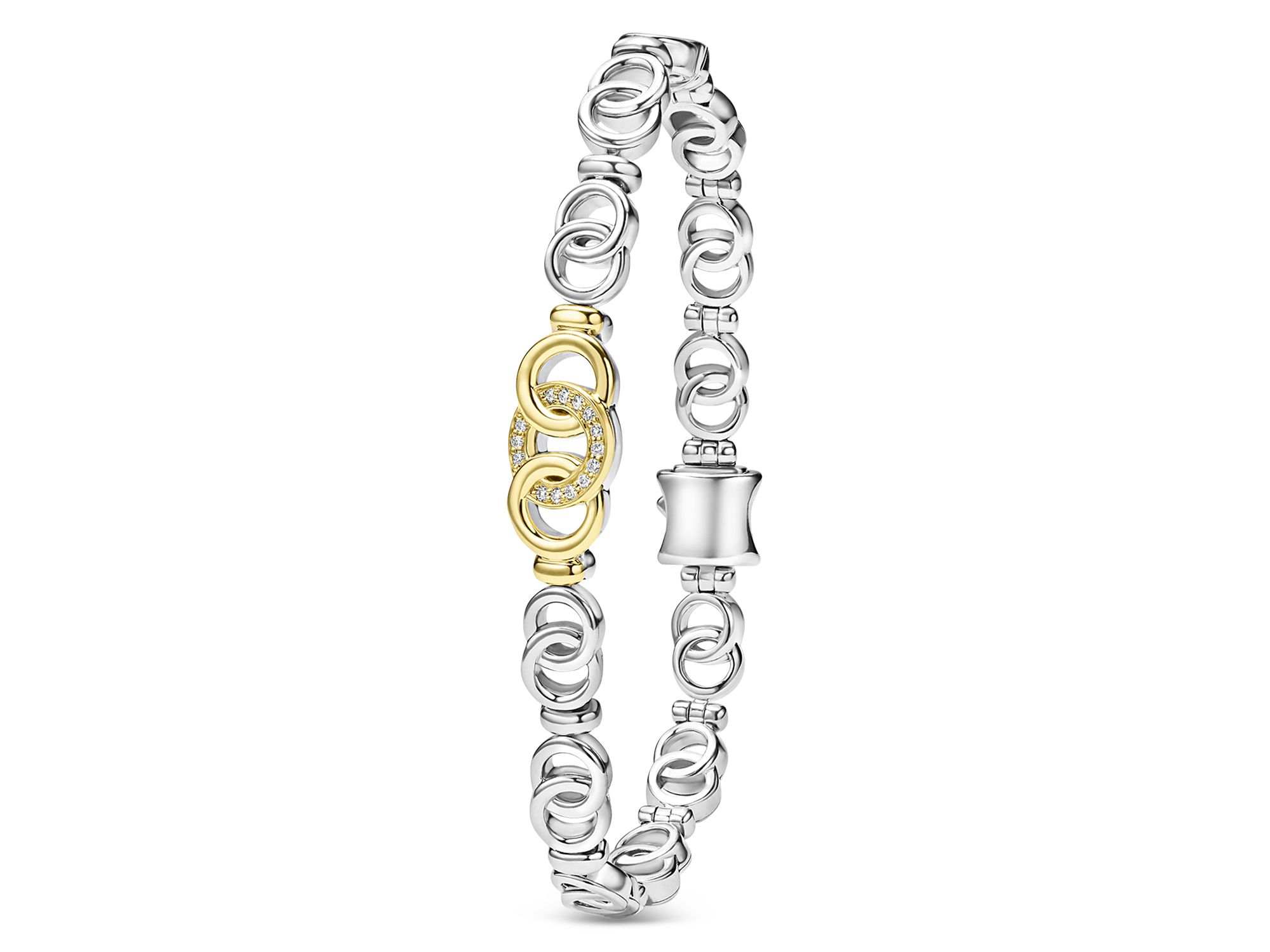 18K Yellow Gold & Sterling Silver Signature Caviar Diamond Interlocking Ring Link Bracelet — Image 3