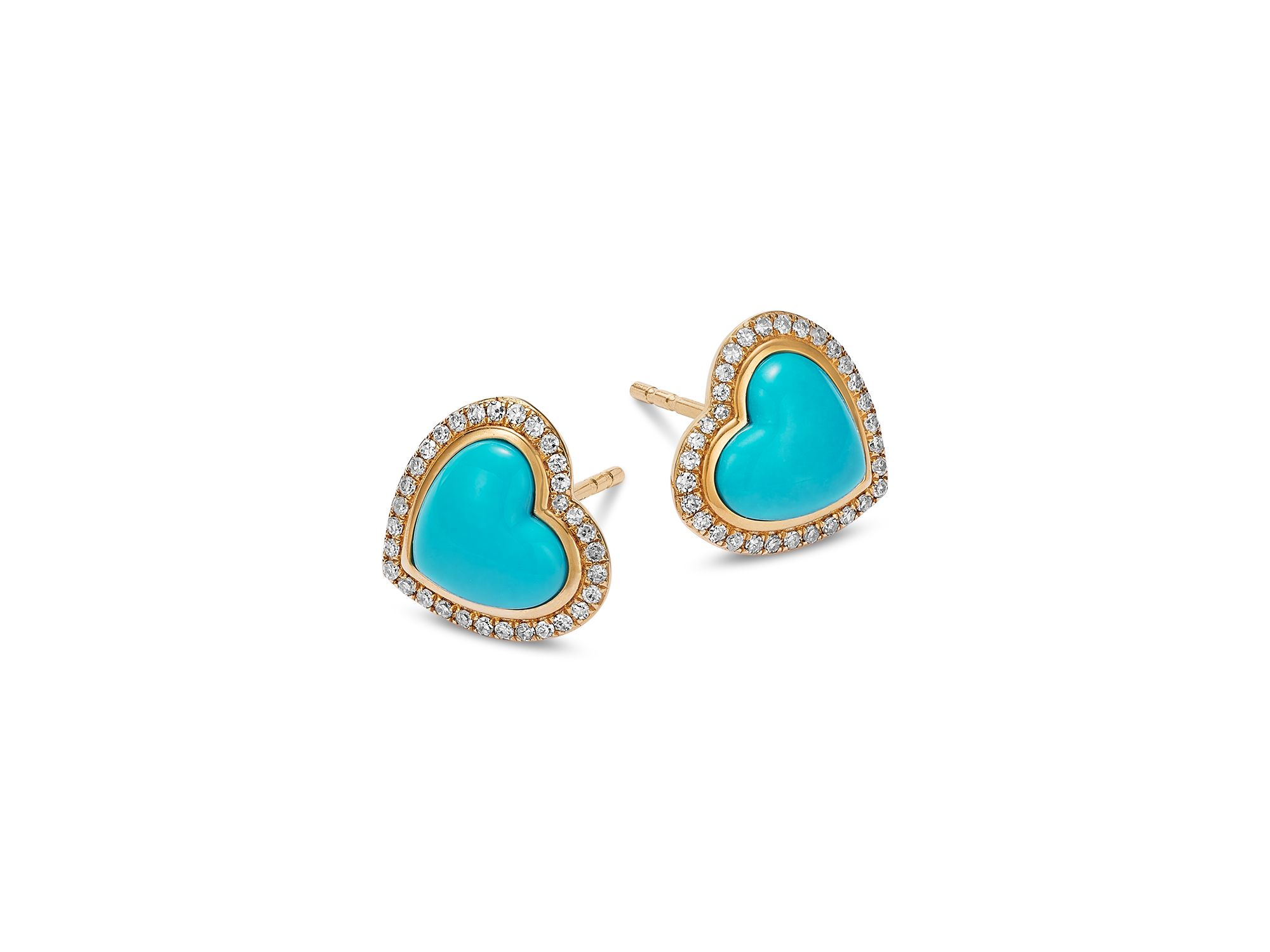 Turquoise & Diamond Heart Stud Earrings in 14K Yellow Gold — Image 3
