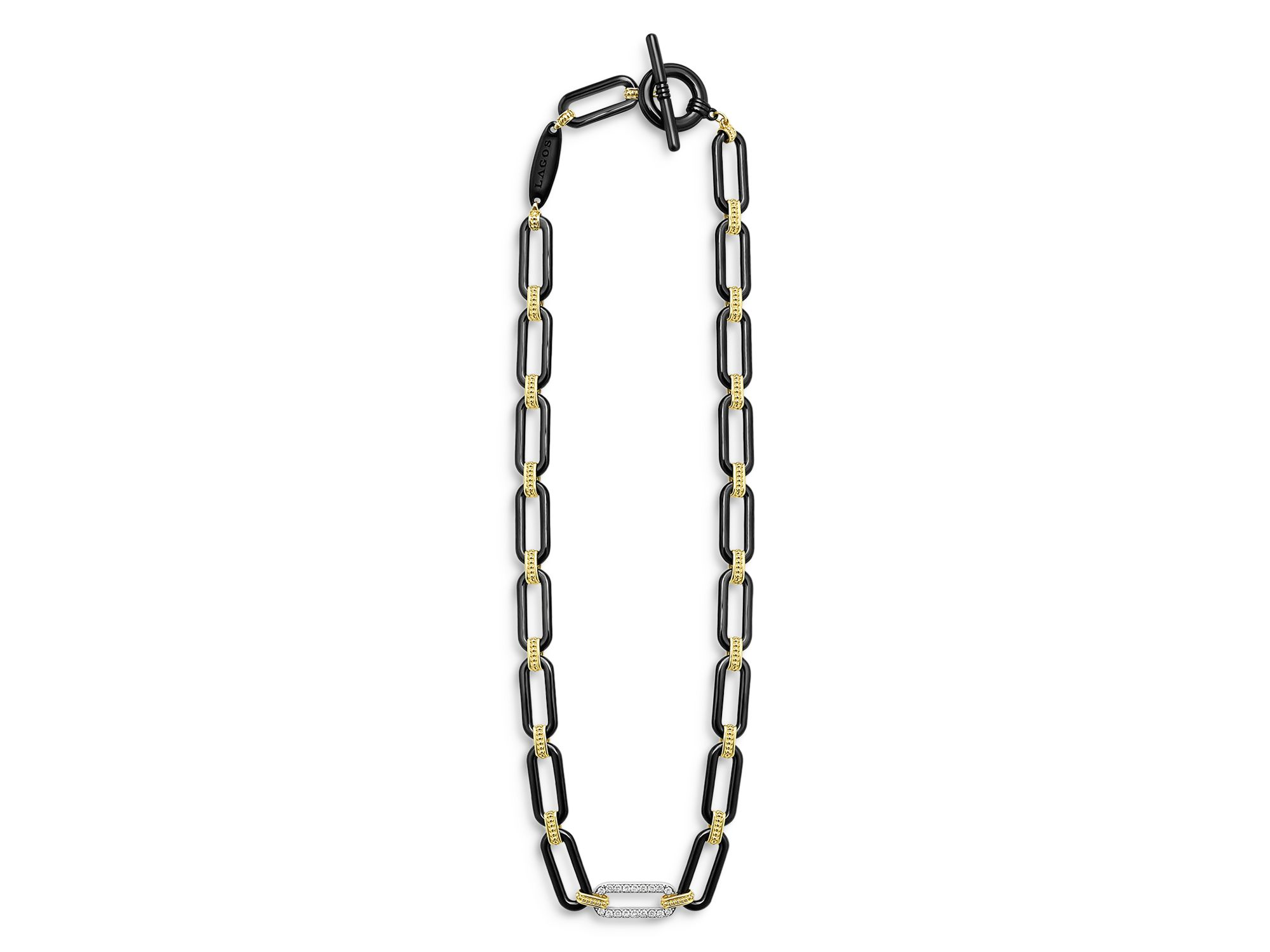 18K Yellow & White Gold Signature Caviar Diamond & Black Ceramic Station Link Necklace, 18" — Image 5