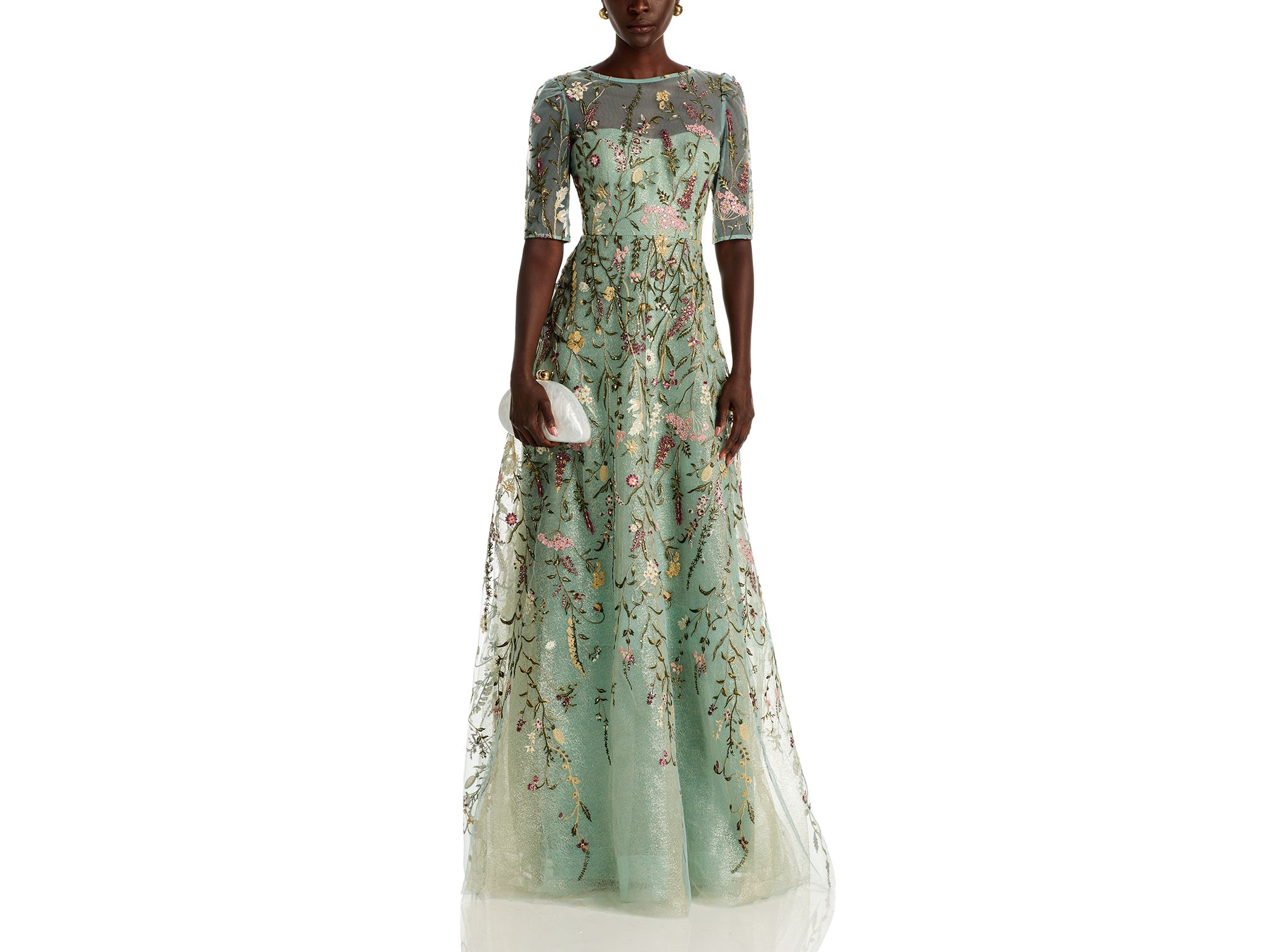 Floral Embroidered Tulle Elbow Sleeve Gown — Image 4
