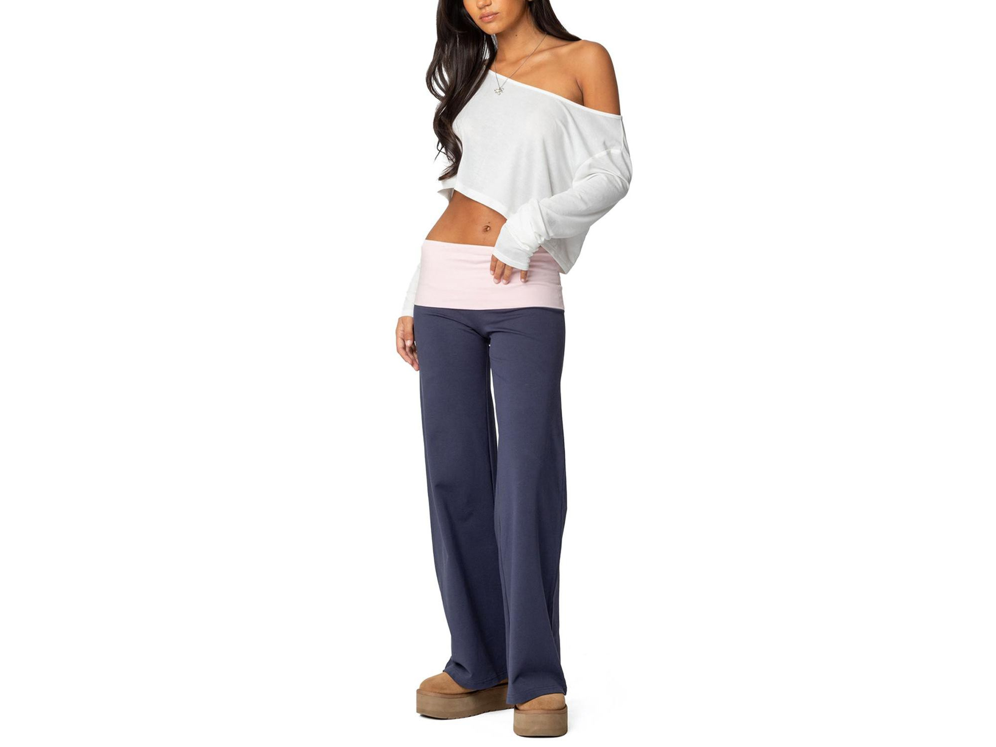 Wide Leg Contrast Fold Over Pants — Image 3