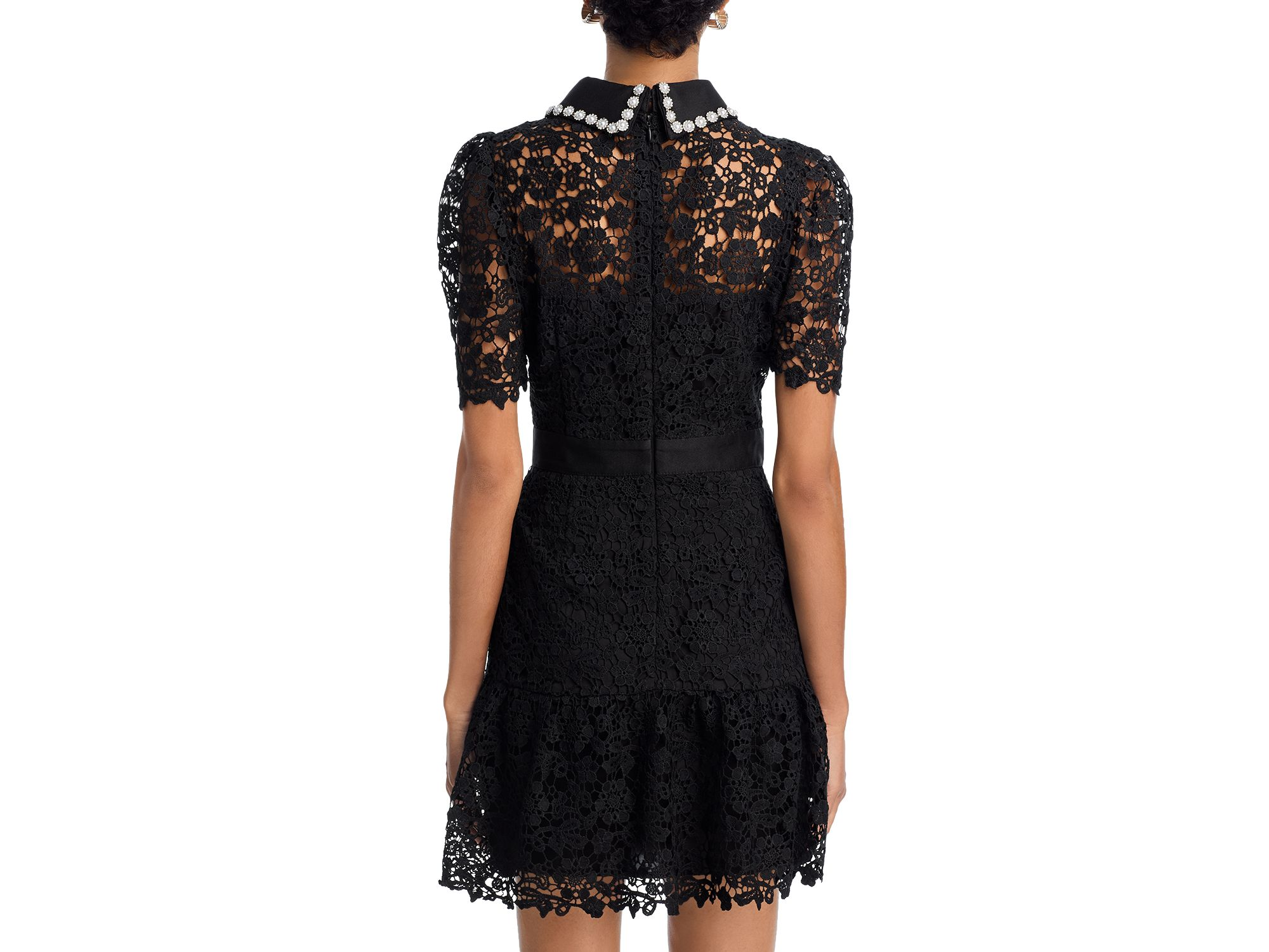 Pearl Trim Short Sleeve Lace Mini Dress - Exclusive — Image 3