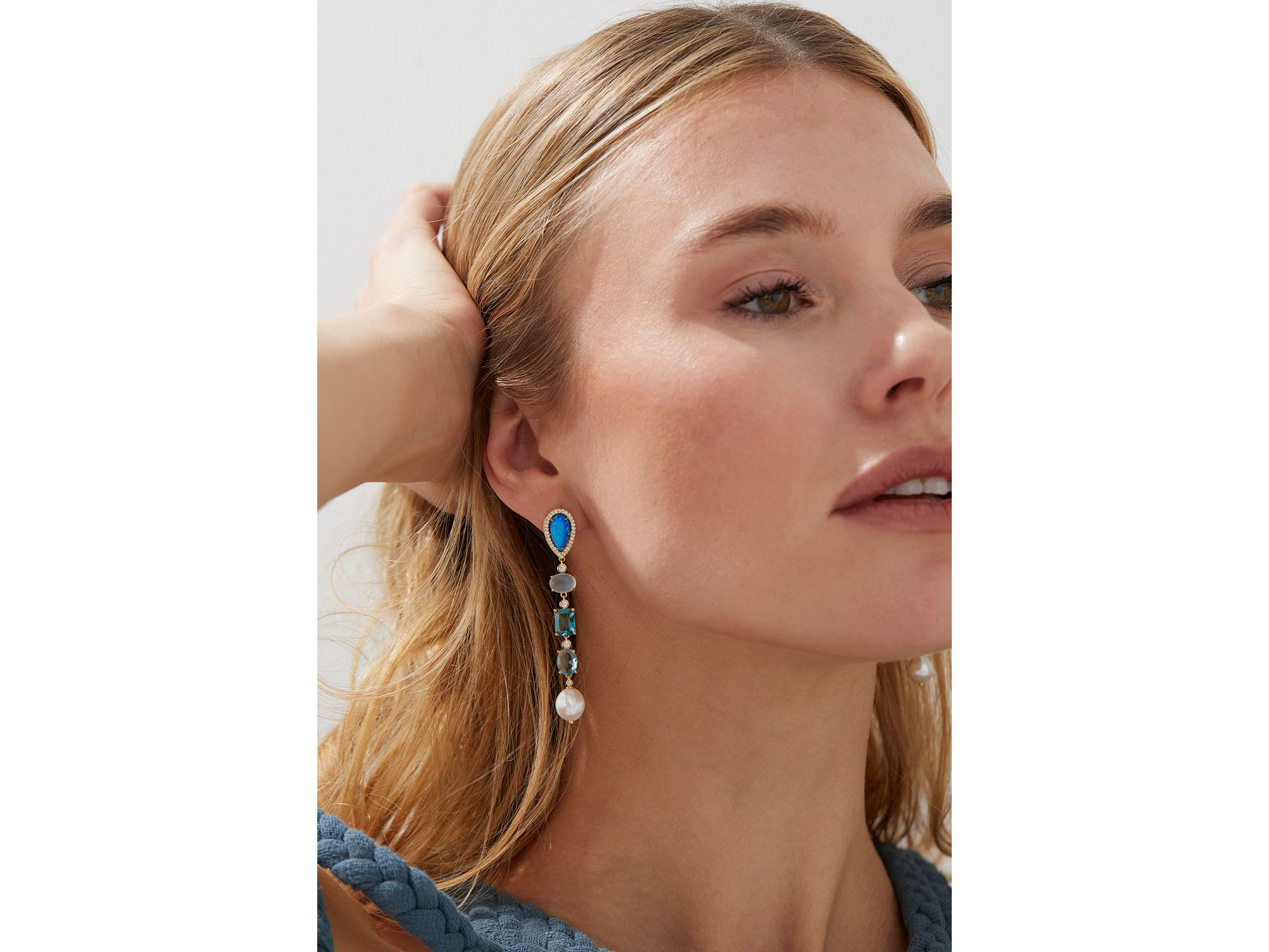 Blue Lagoon Mixed Stone Linear Drop Earrings in 18K Gold Plated — Image 3