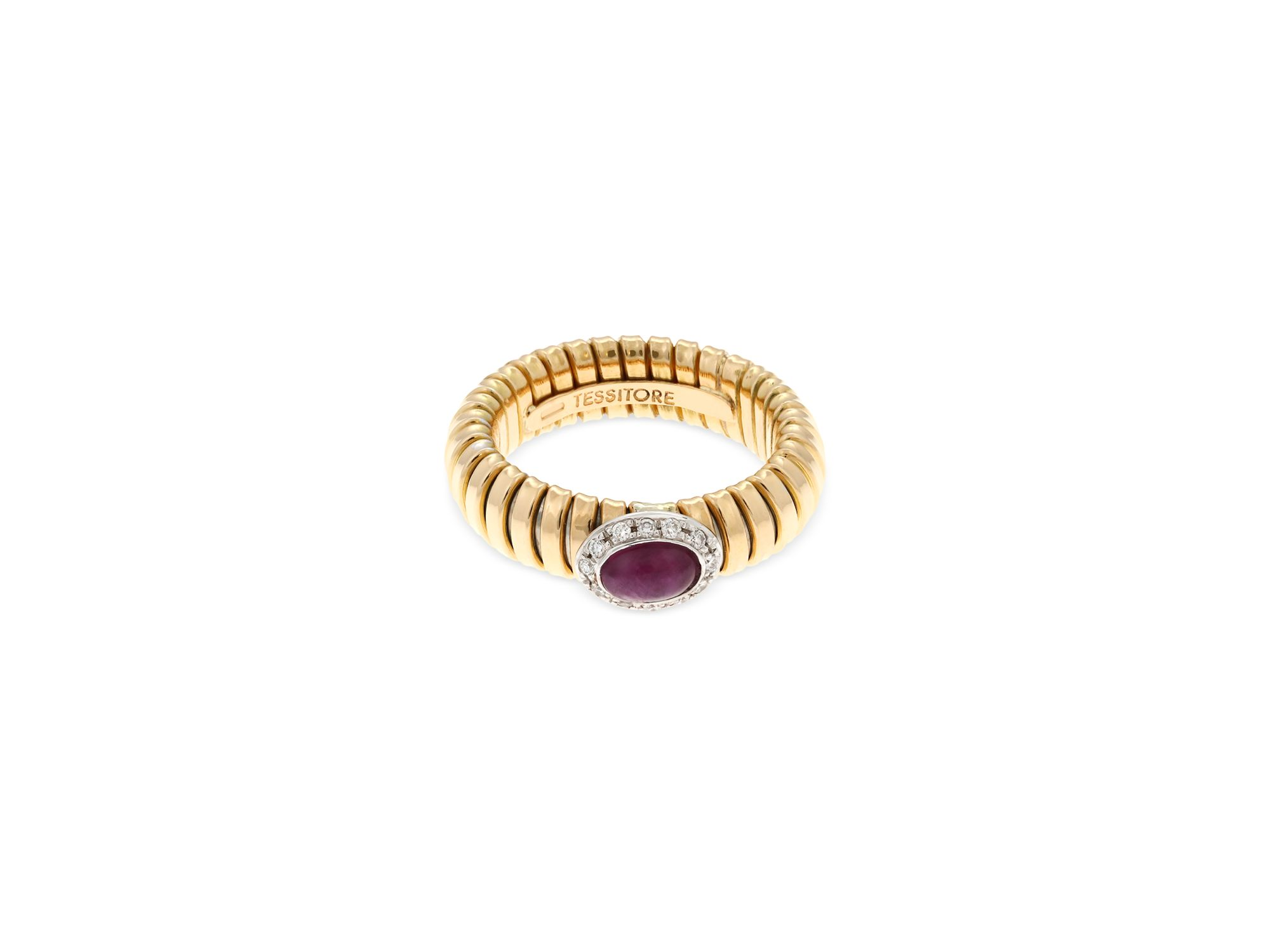 18K Yellow Gold Via Giardino Tubogas Domed Ruby Cabochon & Diamond Ring — Image 4