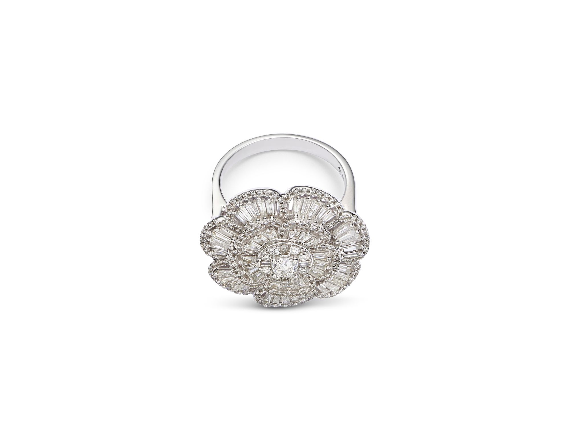 Diamond Round & Baguette Flower Ring in 14K White Gold, 1.50 tcw — Image 3