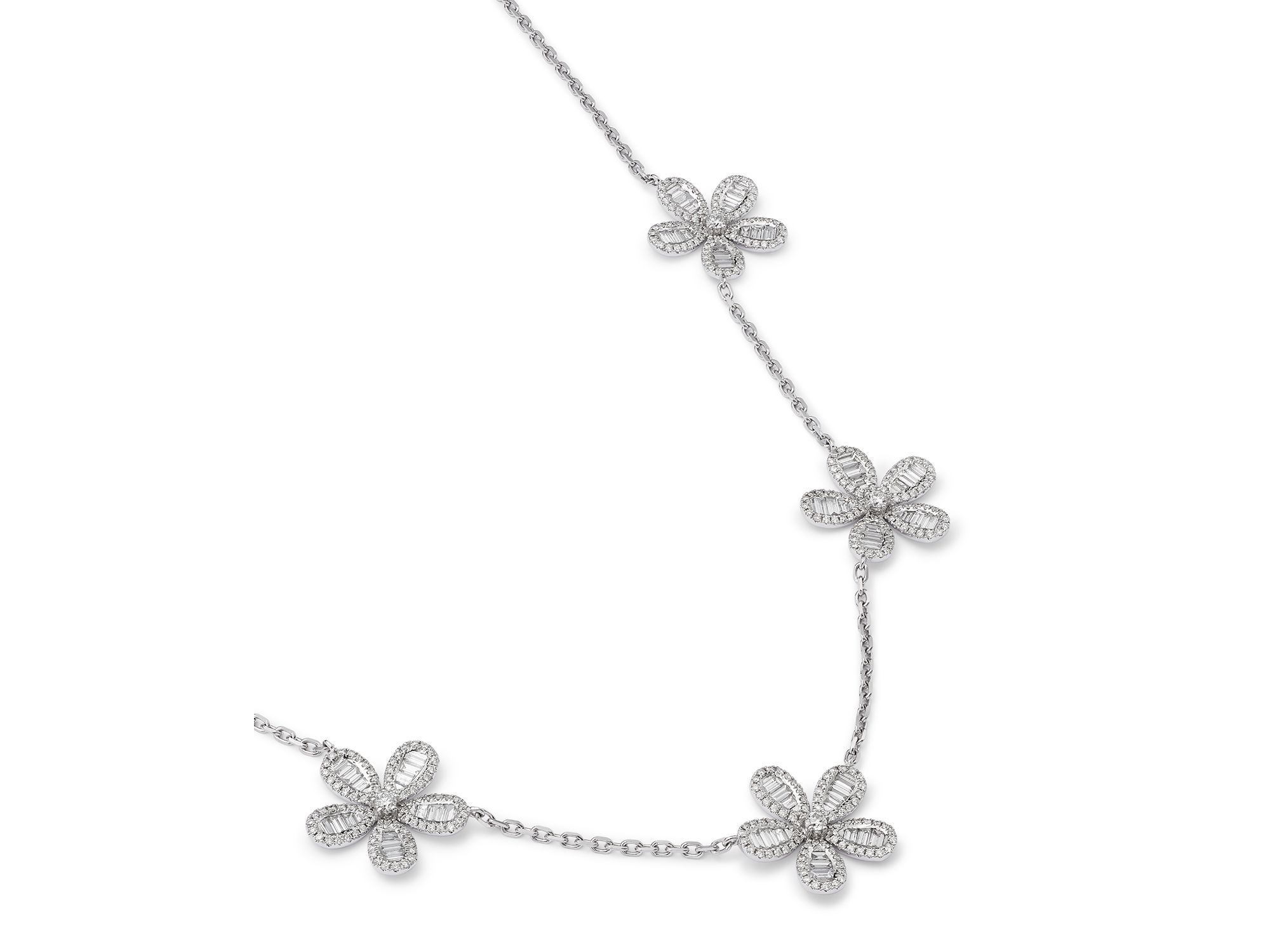 Diamond Round & Baguette Daisy Station Collar Necklace in 14K White Gold, 3.1 tcw — Image 3