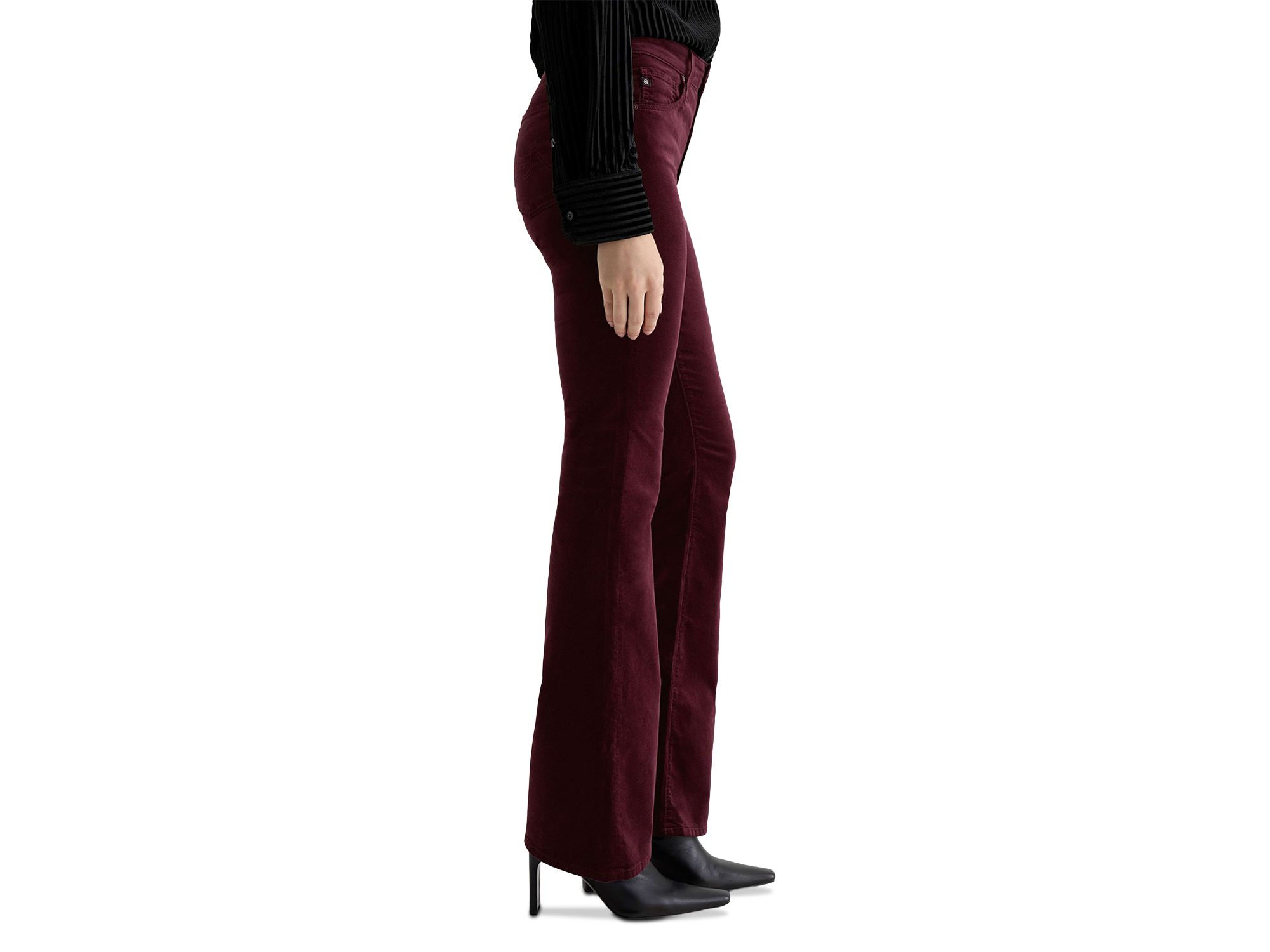Farrah Mid Rise Velvet Bootcut Jeans in Winery — Image 7