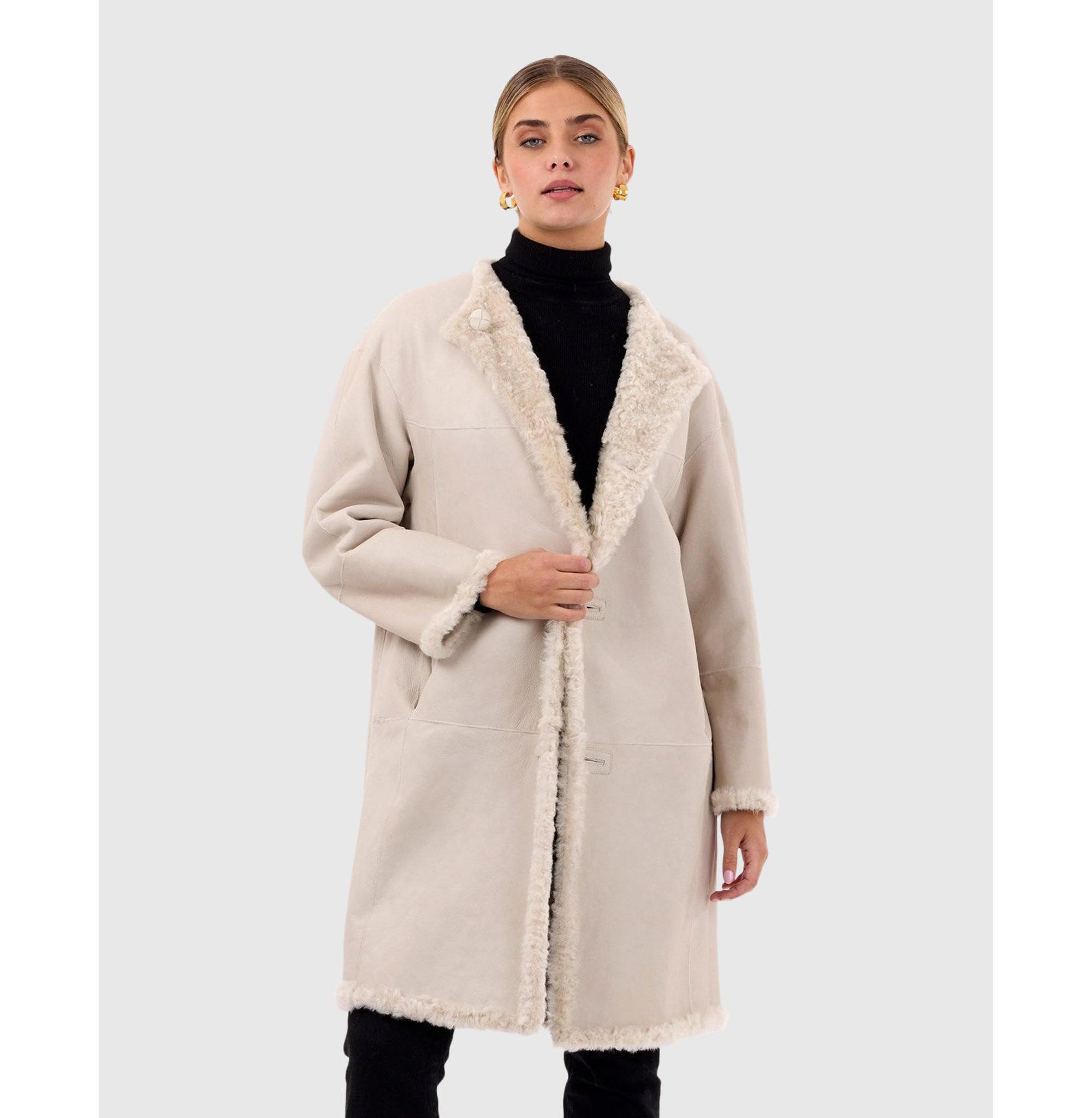 Reversible Collarless Shearling Coat — Image 5