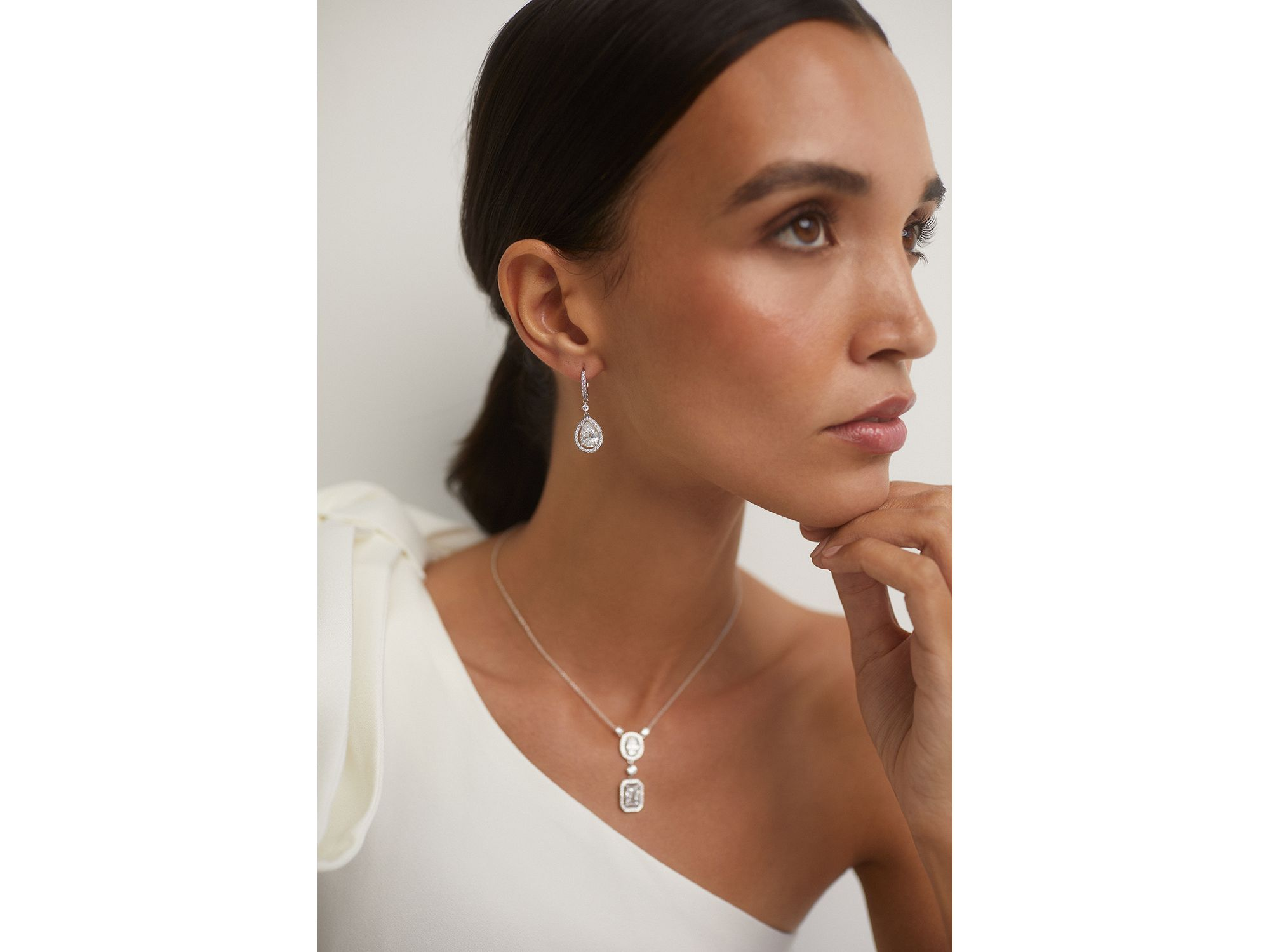 Radiant Pear Shape Cubic Zirconia Halo Drop Earrings in Rhodium Plated — Image 3