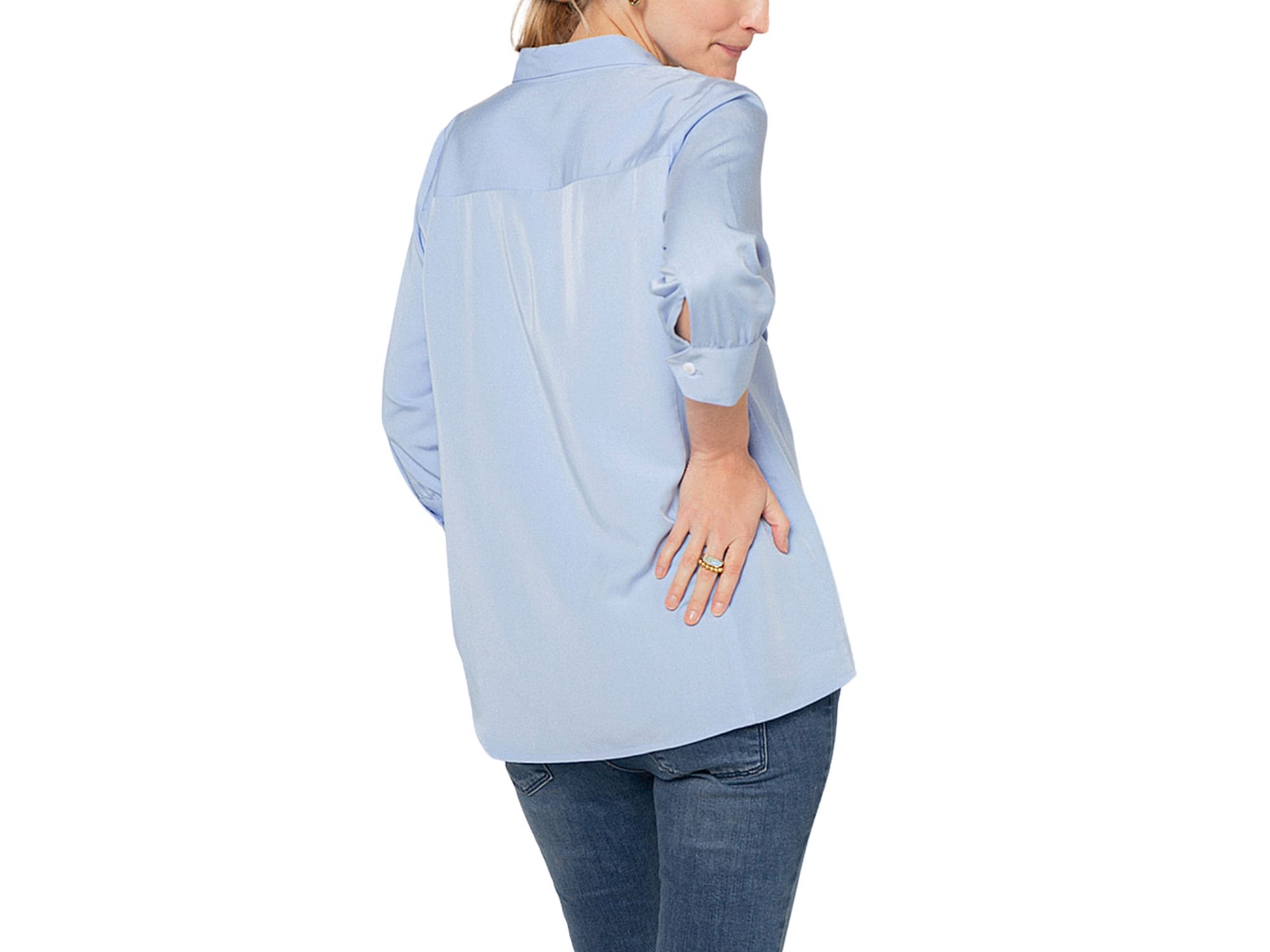 Women's No-Gap 3/4 Sleeve Maternity & Nursing Button Down Shirt in with Bra Concealing Design in TENCEL (Regular & Petite) — Image 4