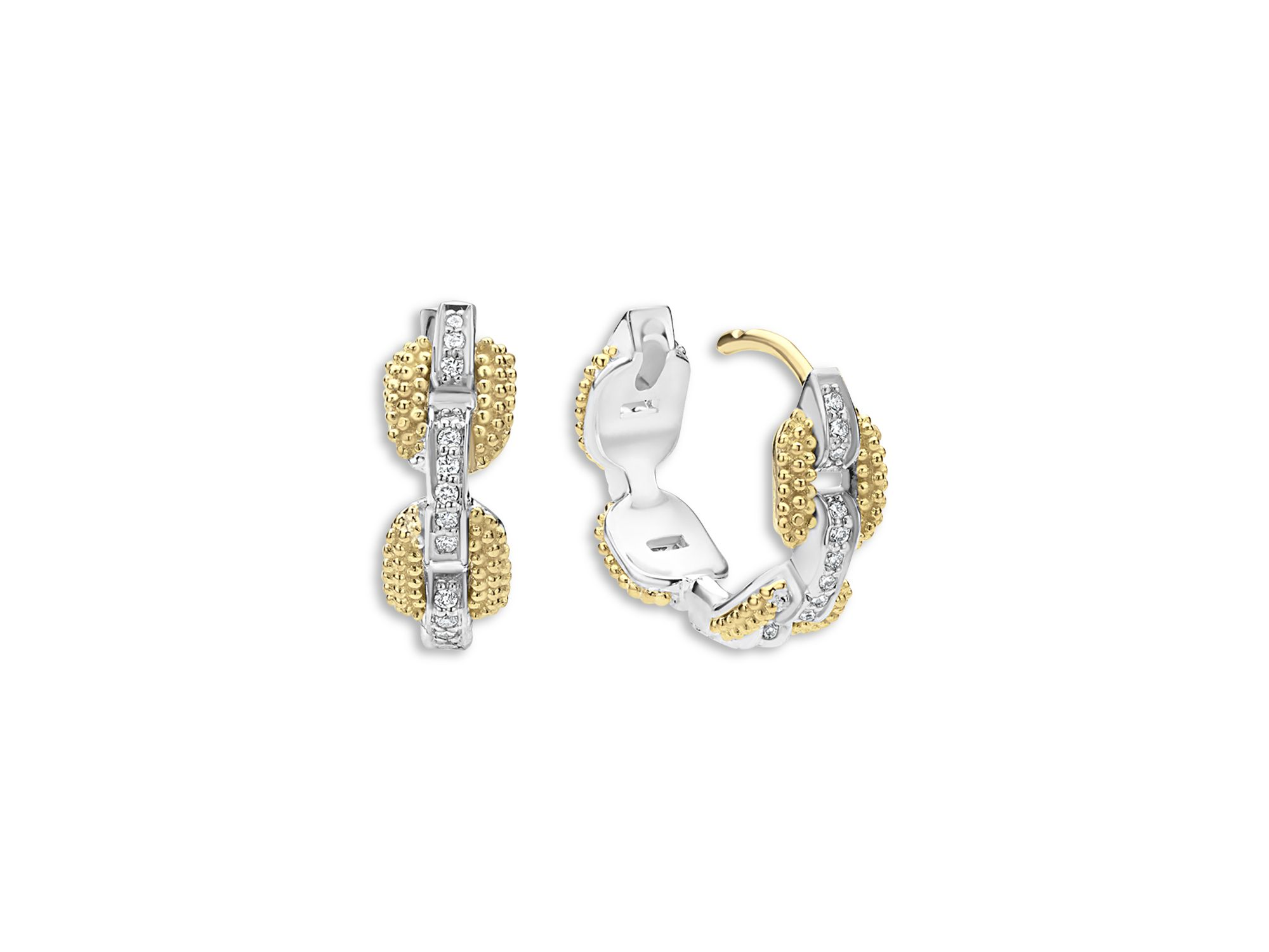 18K Yellow Gold & Sterling Caviar Lux Diamond Link Huggie Hoop Earrings - Exclusive — Image 3