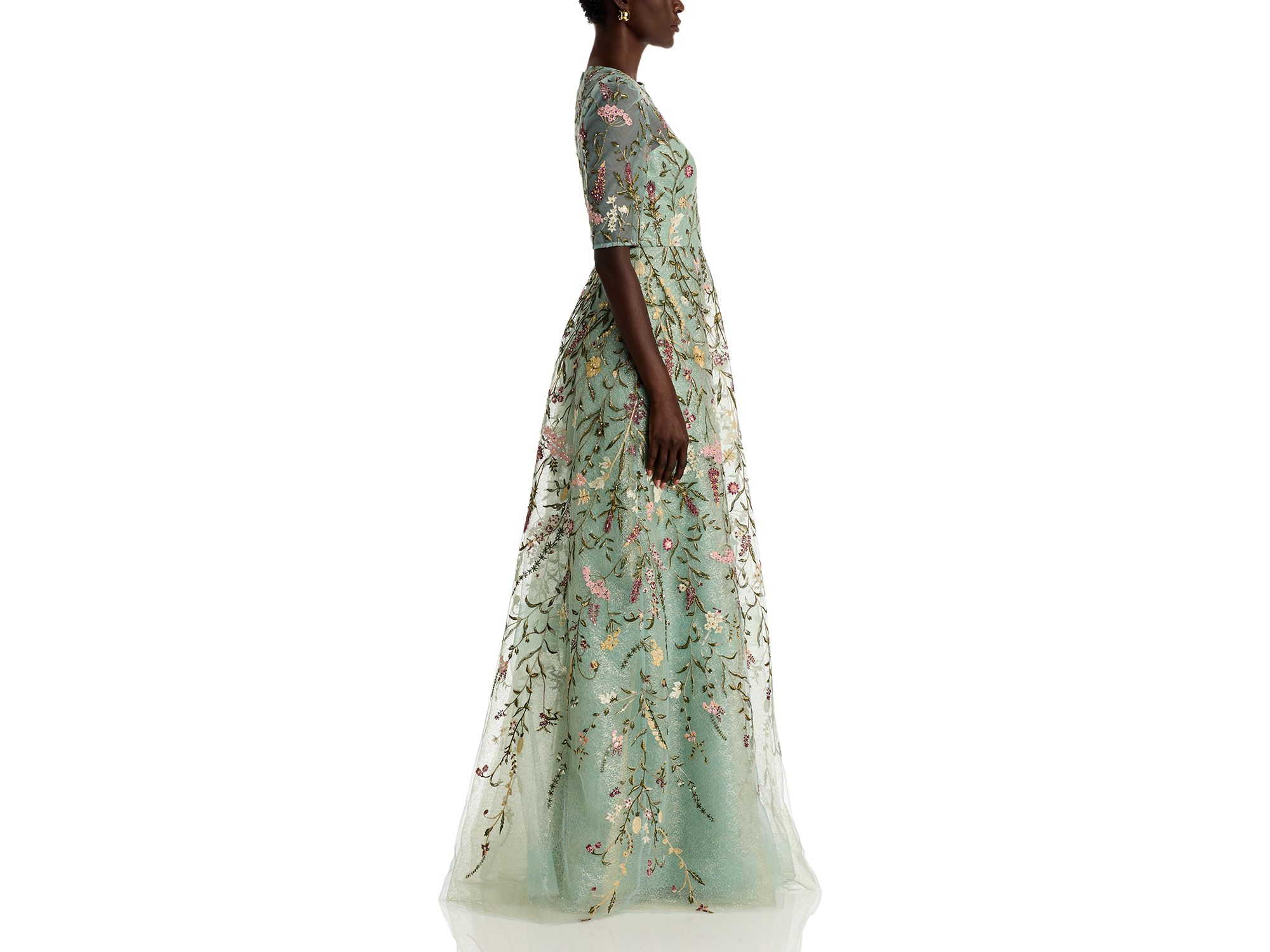 Floral Embroidered Tulle Elbow Sleeve Gown — Image 6