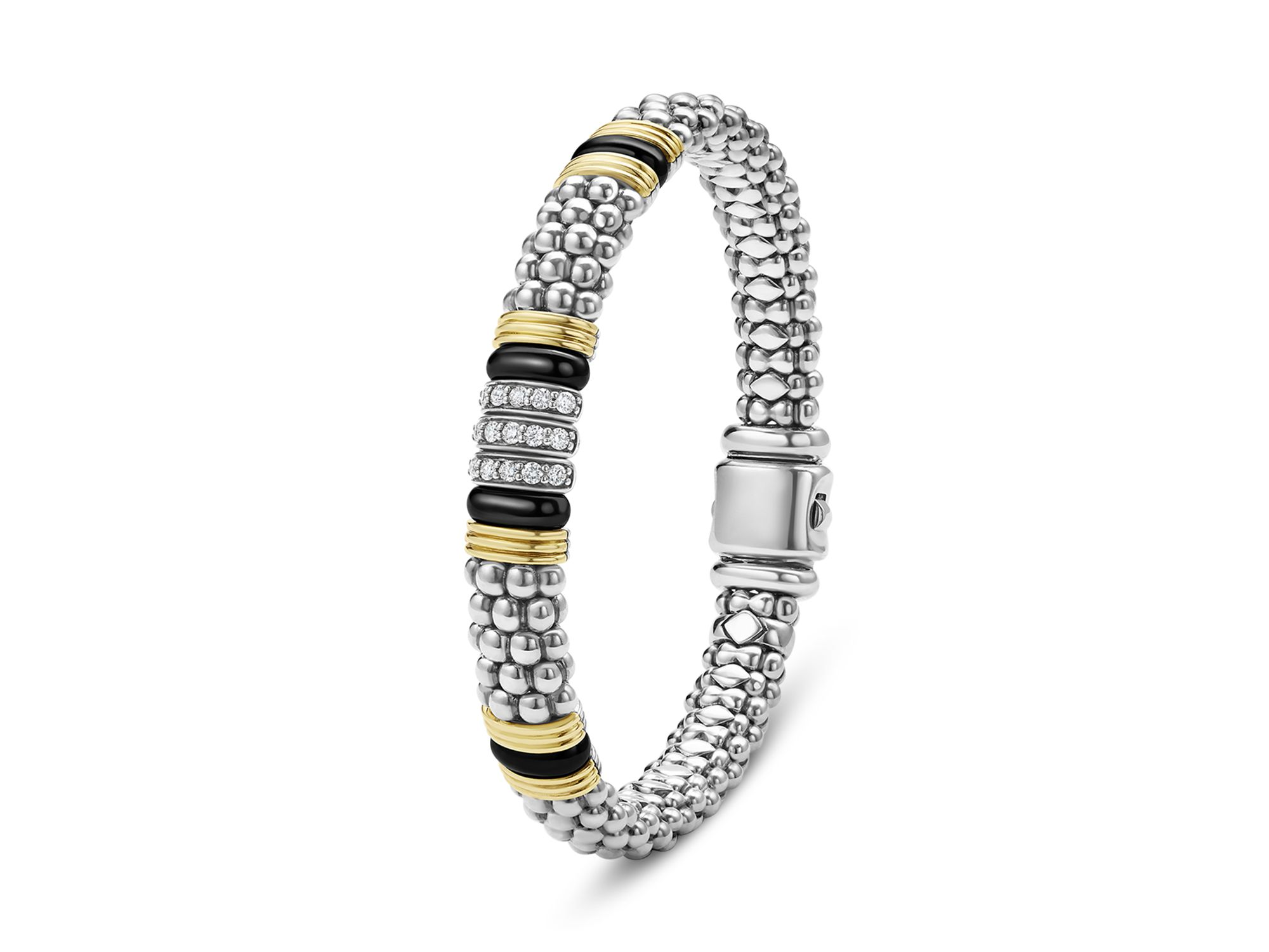 18K Yellow Gold & Sterling Black Caviar Diamond & Black Ceramic Station Bracelet — Image 3