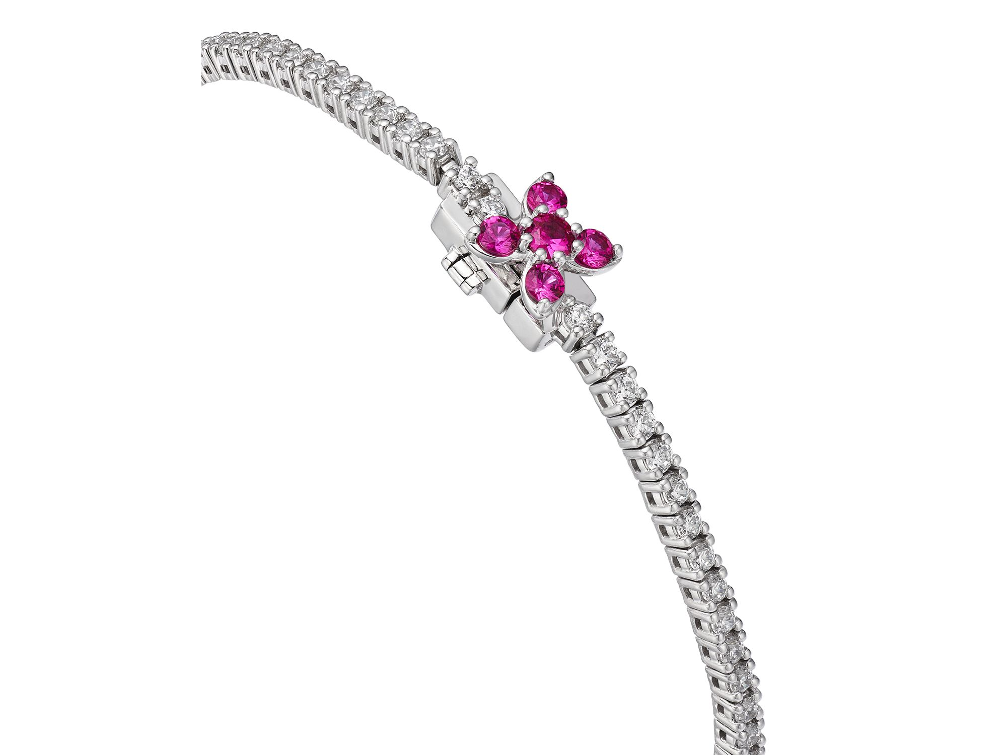 Ruby & Diamond Clover Tennis Bracelet in 14K White Gold — Image 3