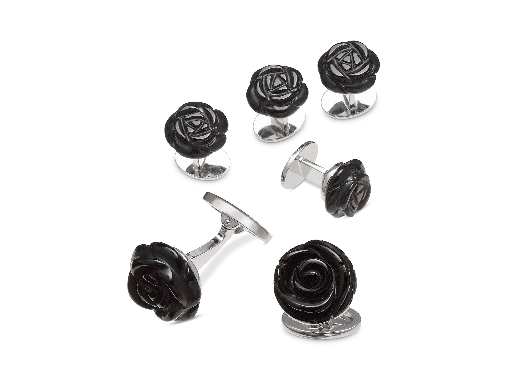 Carved Rose Sterling Silver & Black Onyx Stud & Cufflink Set — Image 6