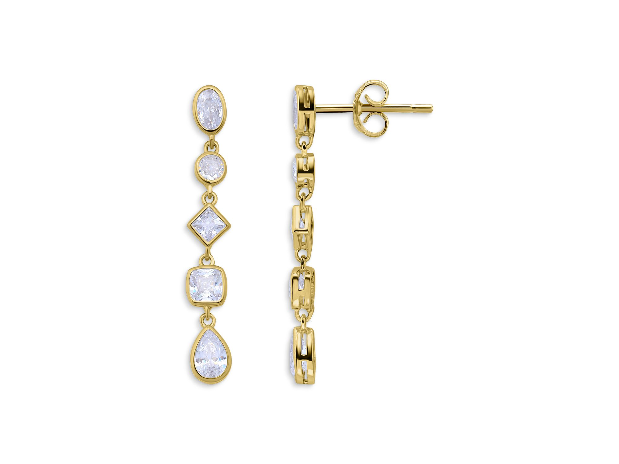 18K Gold Over Sterling Silver Bezel Set Multi-Shape Cubic Zirconia Linear Drop Earrings - Exclusive — Image 3