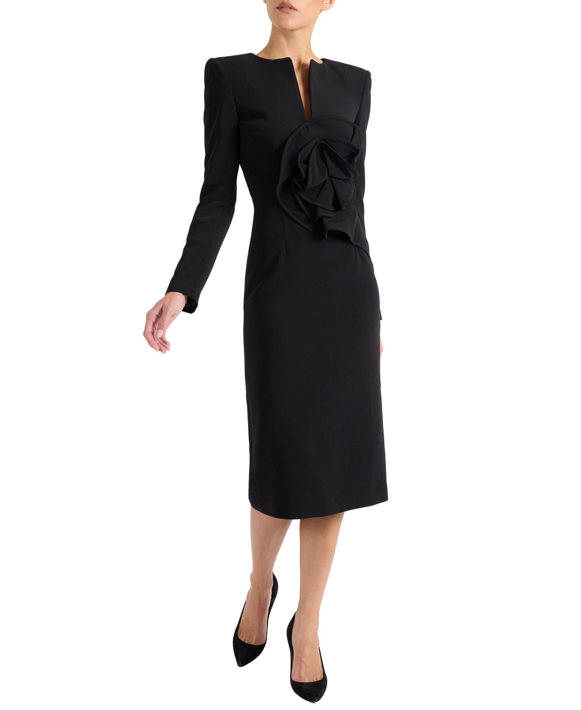 Maya Long Sleeve Midi Dress with Dramatic Floral Applique in Stretch Crepe - Image 1