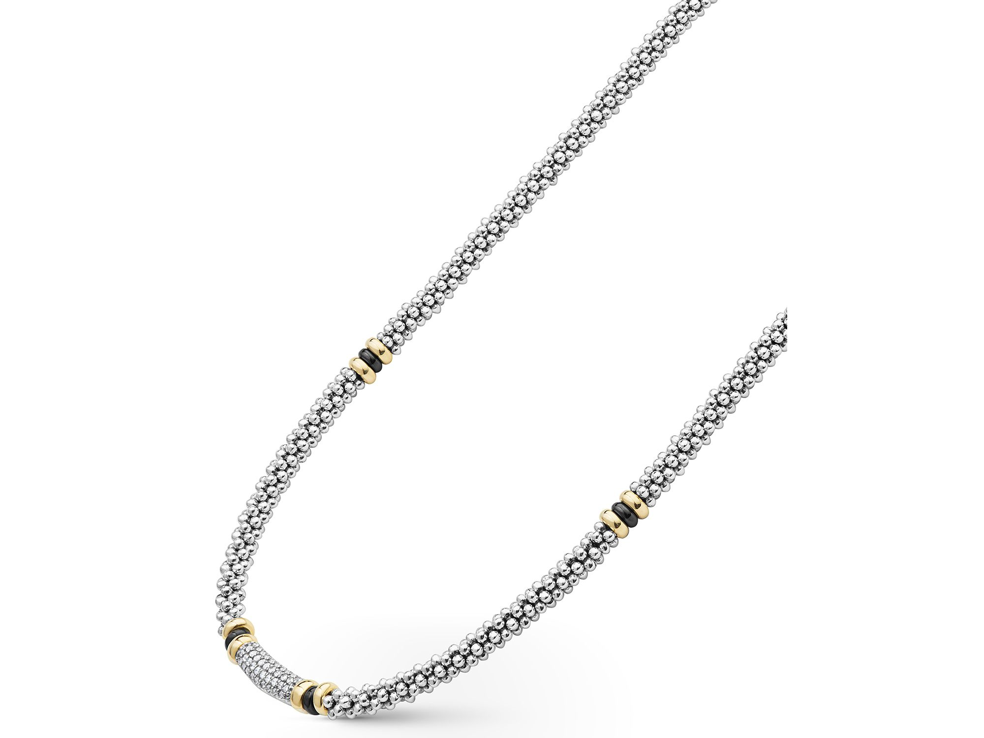 18K Yellow Gold & Sterling Black Caviar Diamond & Black Ceramic Collar Necklace, 16" — Image 3