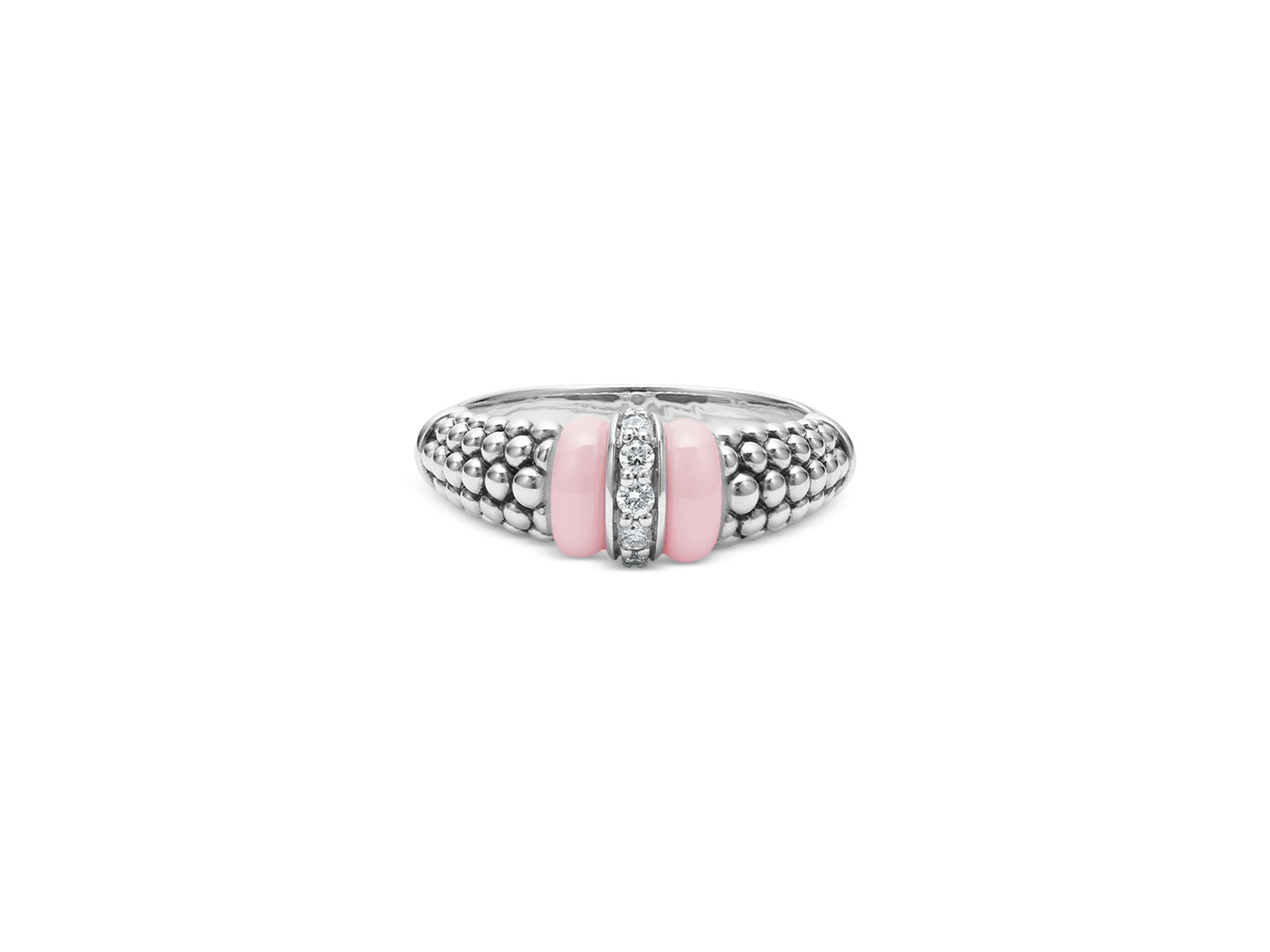 Sterling Silver Pink Caviar Diamond & Pink Ceramic Bead Statement Ring — Image 4