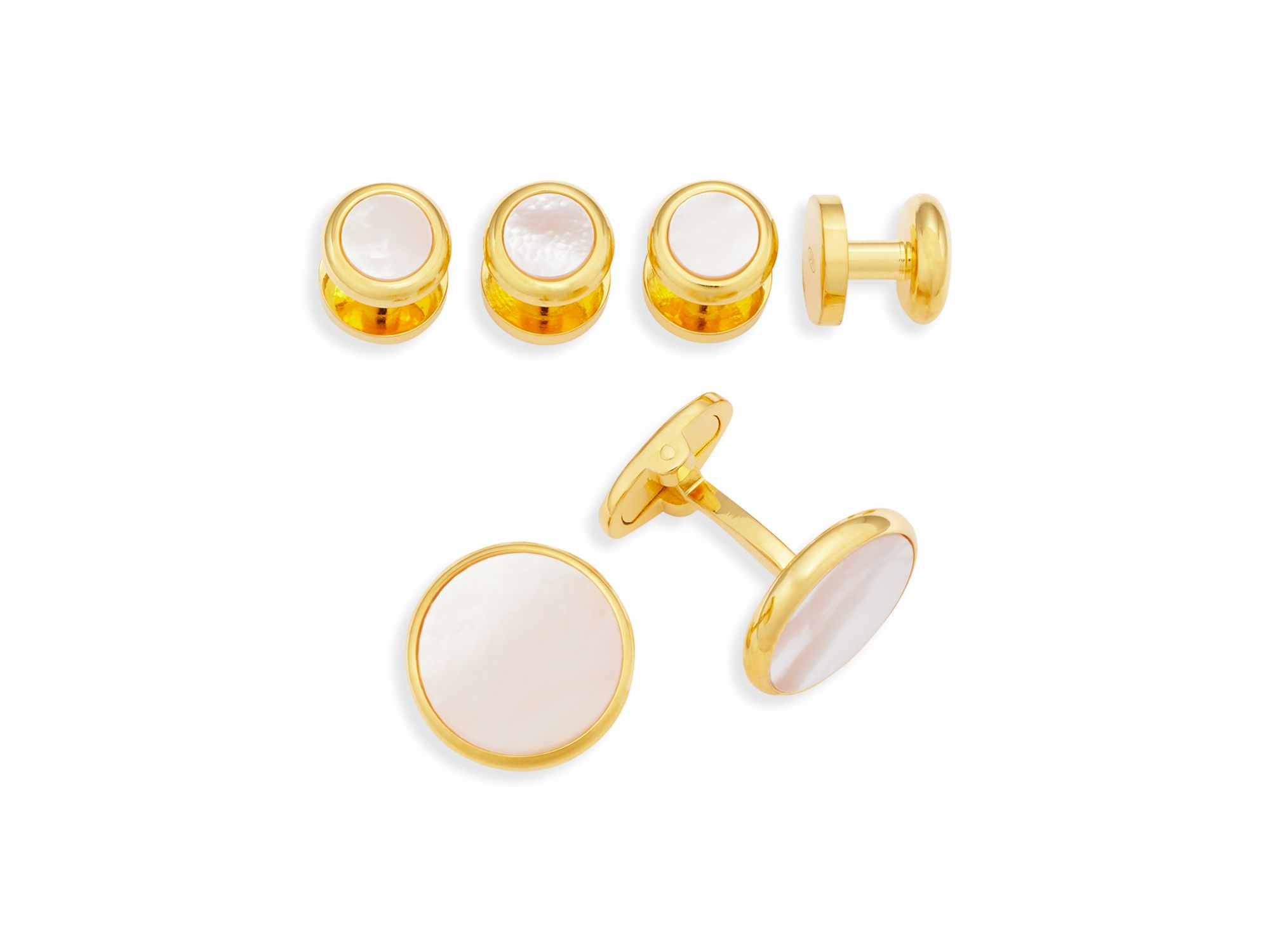Gold-Tone Round White Mother-of-Pearl Stud & Cufflink Set - Image 1