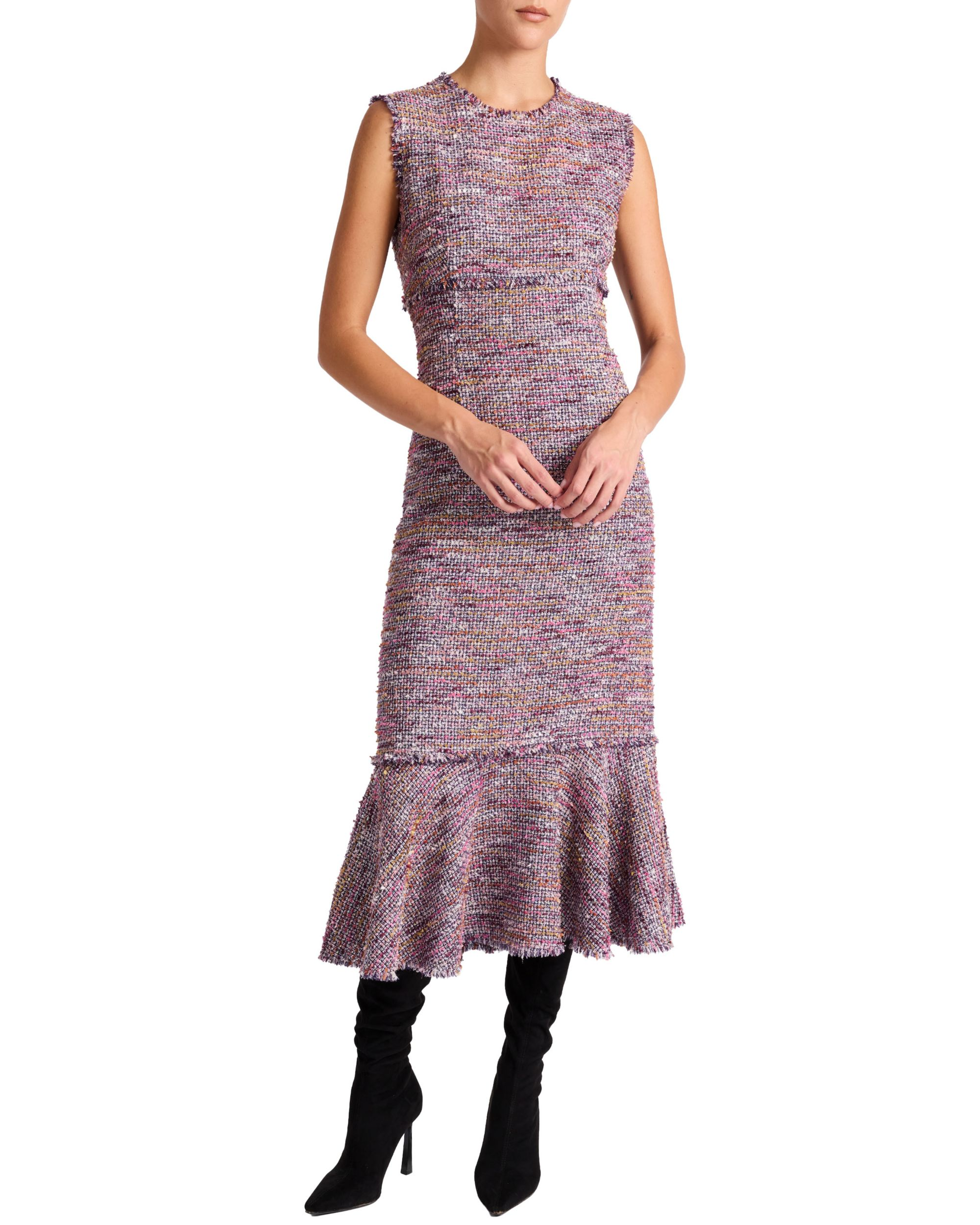 Andi Sleeveless Tweed Midi Sheath Dress with Flared Skirt Panel - Image 1