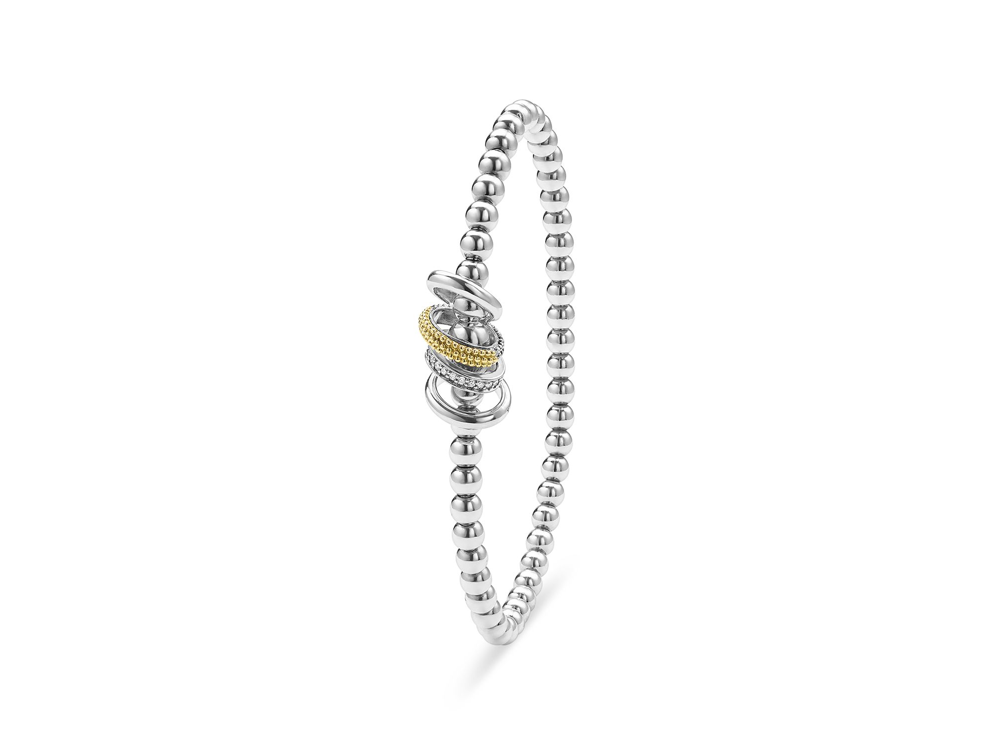 18K Yellow Gold & Sterling Caviar Lux Diamond Four Ring Stretch Bracelet — Image 3