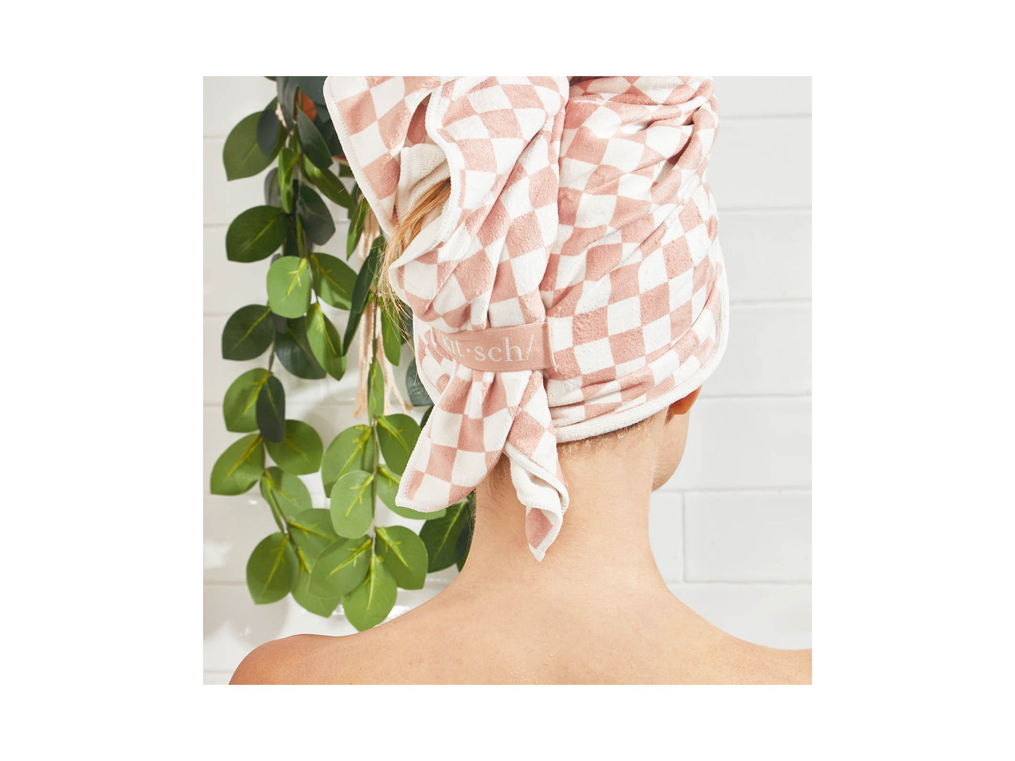 Extra Large Quick Dry Hair Towel Wrap - Terracotta Checker — Image 3