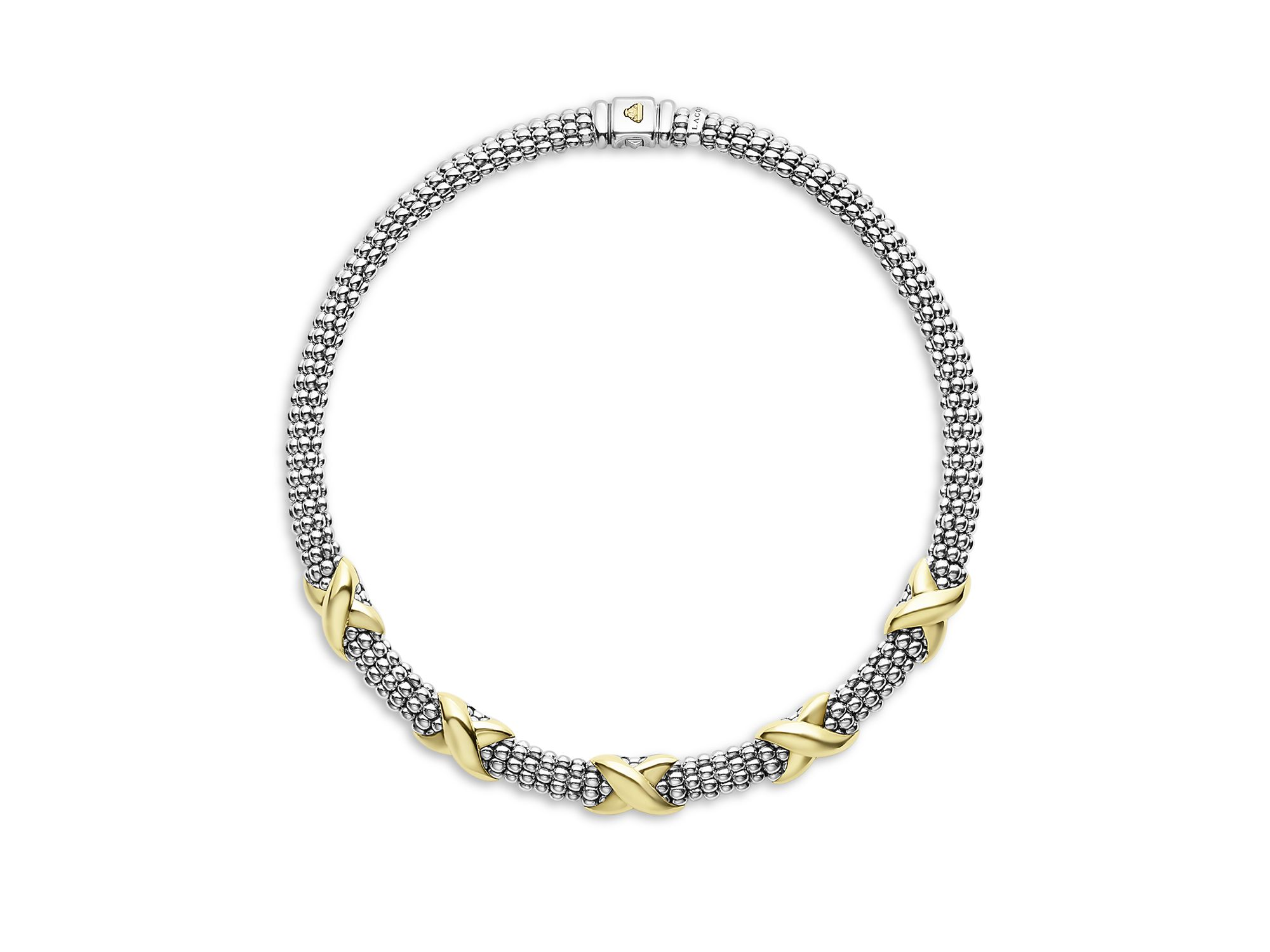 18K Yellow Gold & Sterling Silver Embrace Five Station X Caviar Collar Necklace, 16" — Image 4