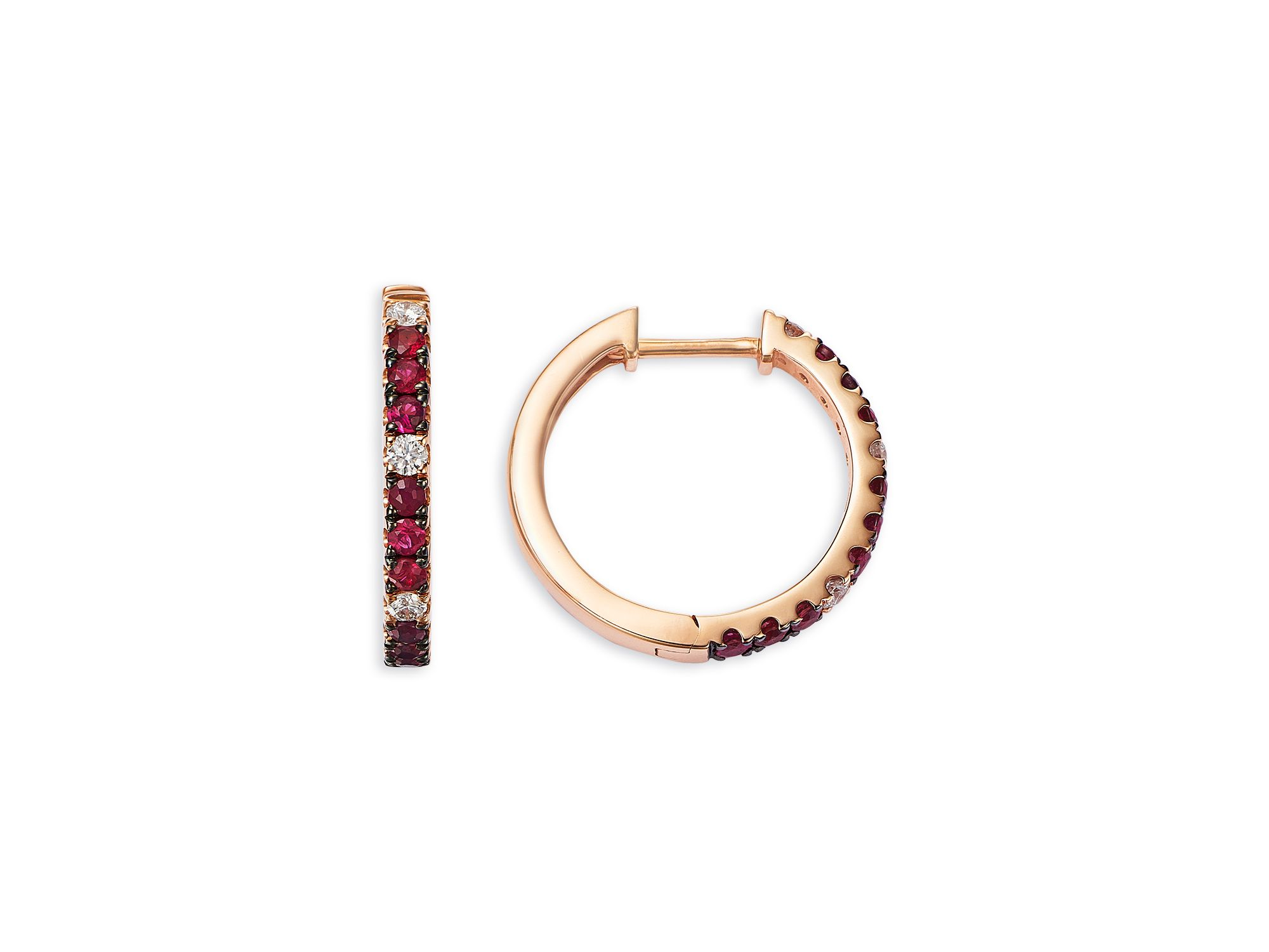 Ruby & Diamond Small Hoop Earrings in 14K Rose Gold — Image 3