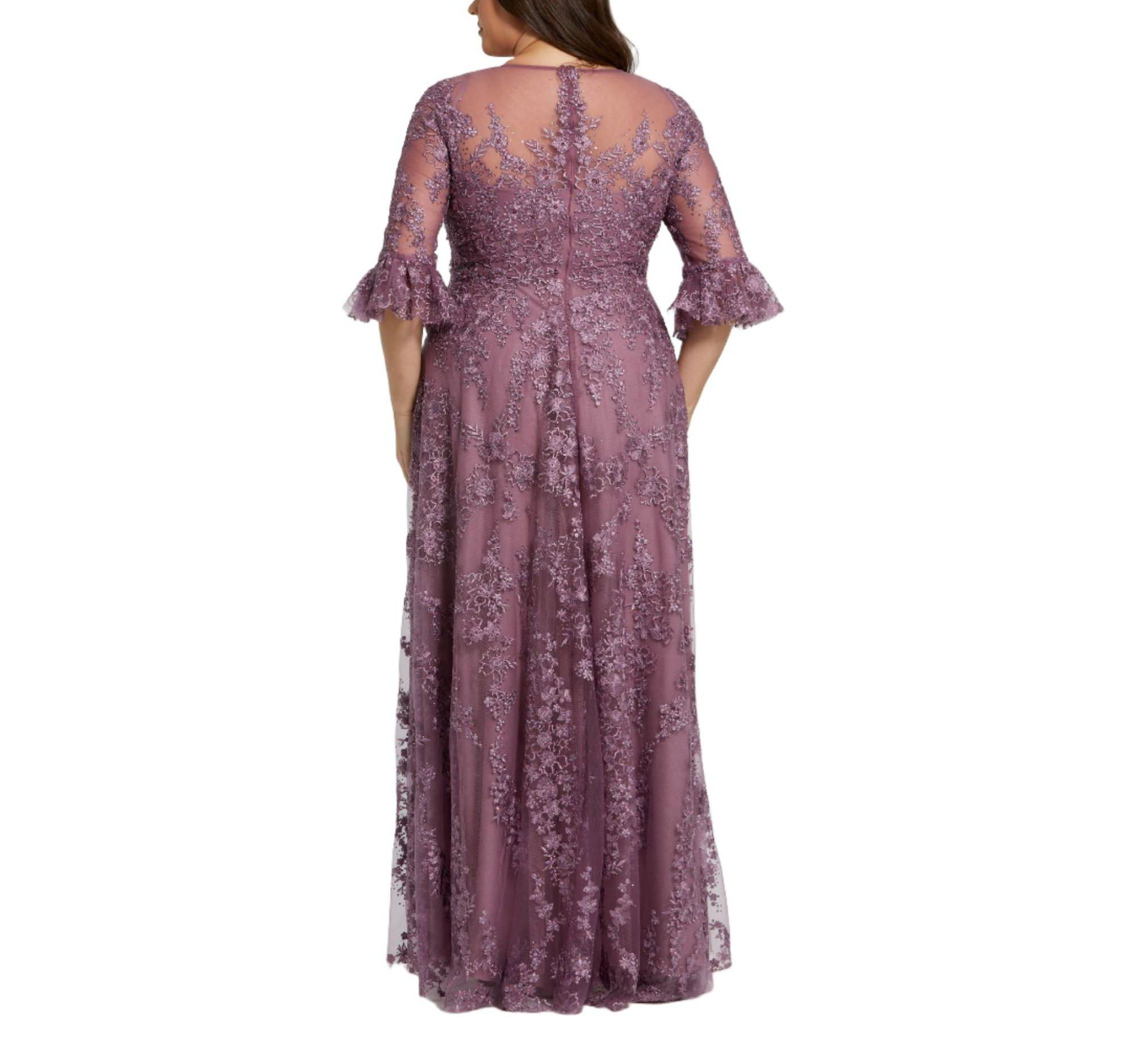 High Neck Flutter Sleeve Embroidered A Line Gown — Image 3