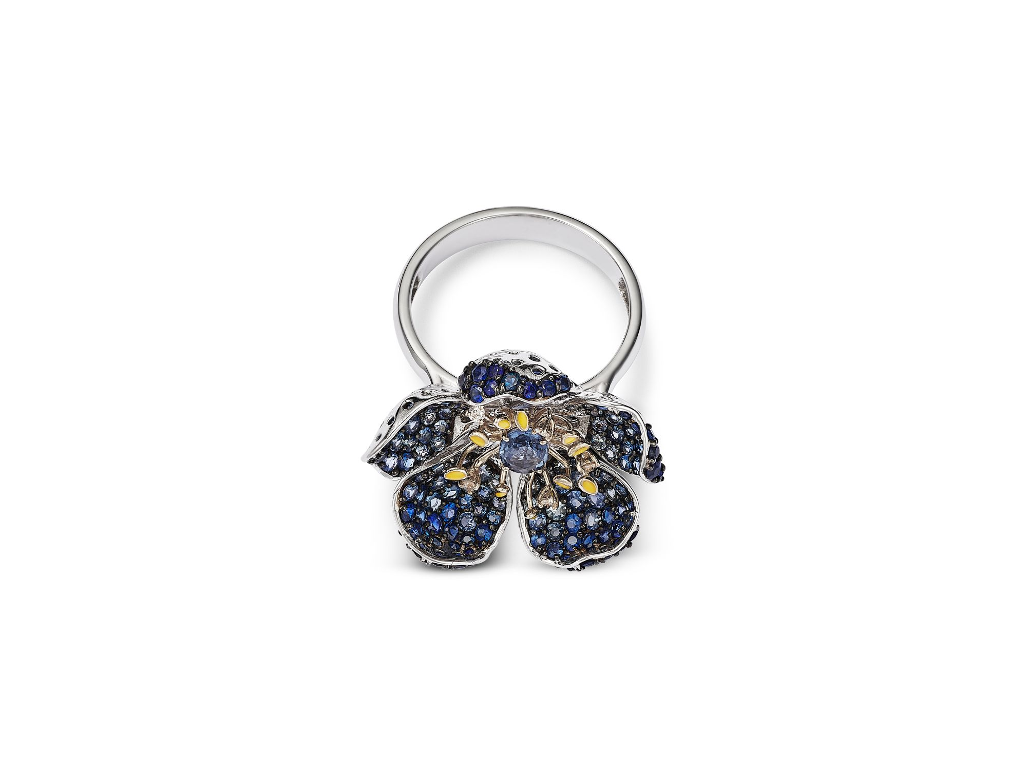 Blue Sapphire (2.88 tcw) & Diamond (0.05 tcw) Flower Ring in 14K Yellow & White Gold — Image 3