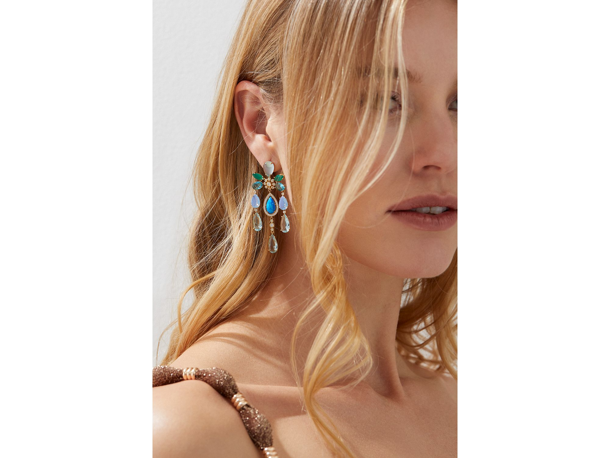 Blue Lagoon Mixed Stone Chandelier Earrings in 18K Gold Plated — Image 3