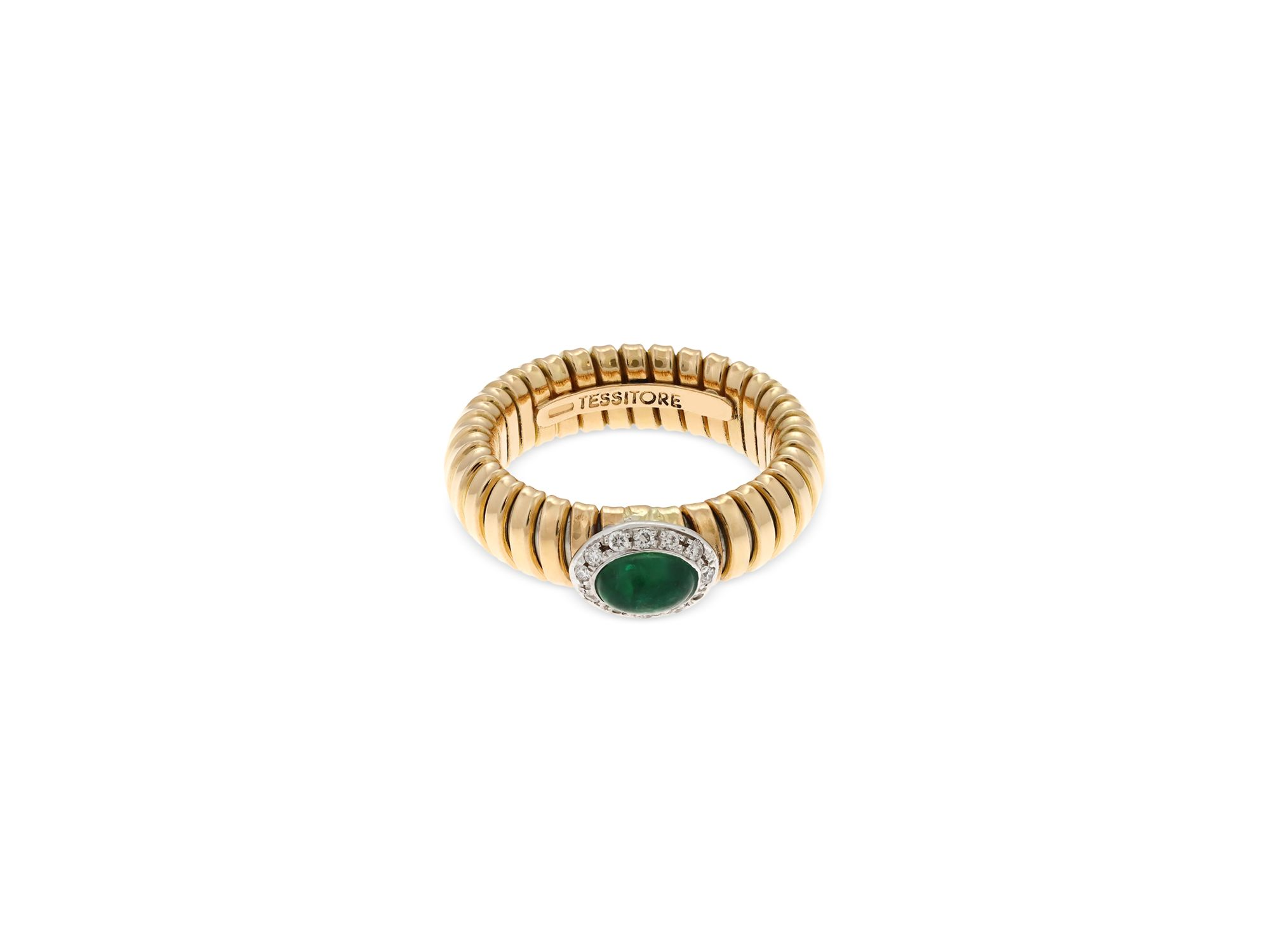 18K Yellow Gold Via Giardino Tubogas Domed Emerald Cabochon & Diamond Ring — Image 4