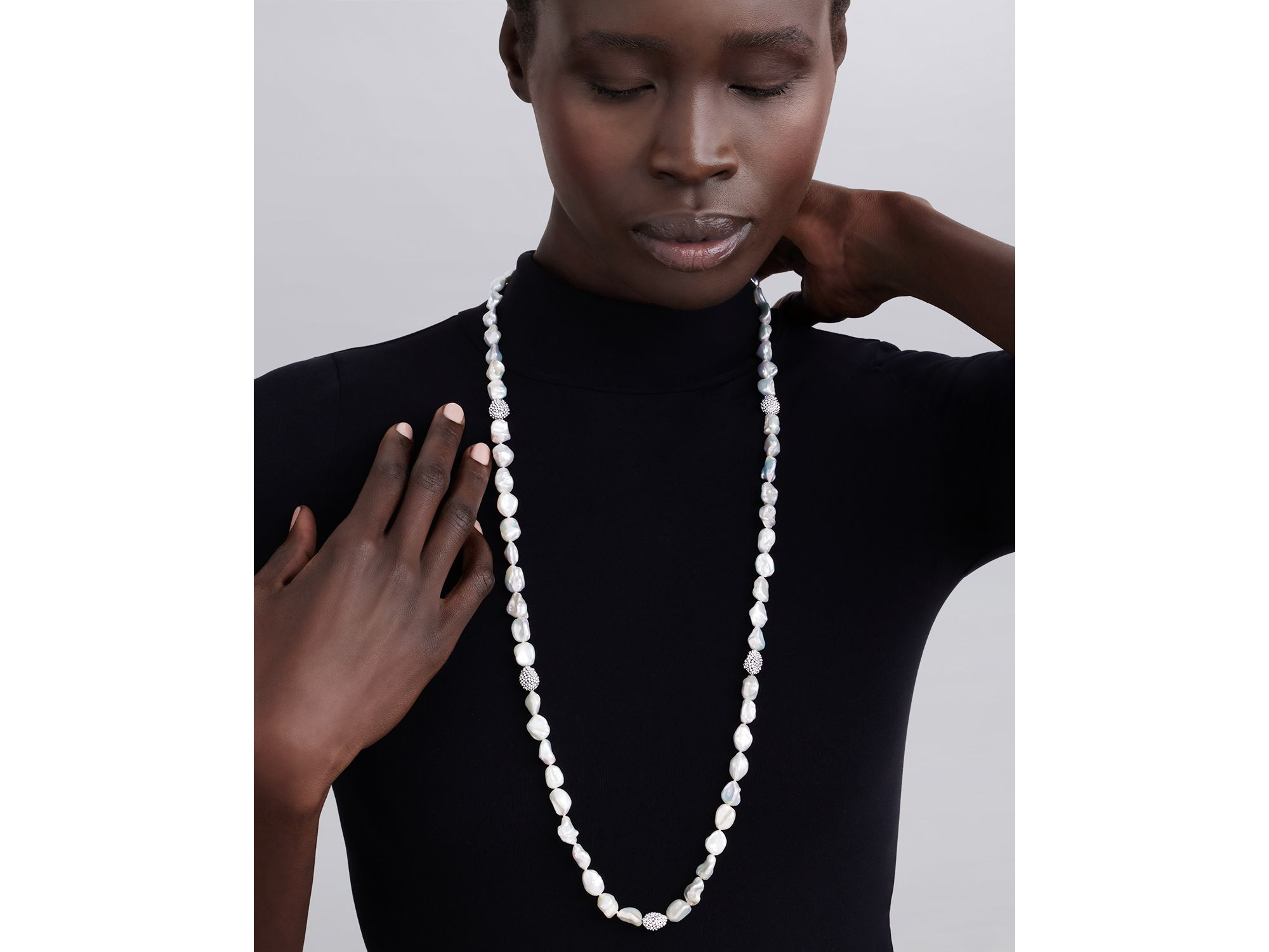 Sterling Silver Luna Keshi Pearl & Caviar Bead Long Strand Necklace, 34" — Image 3
