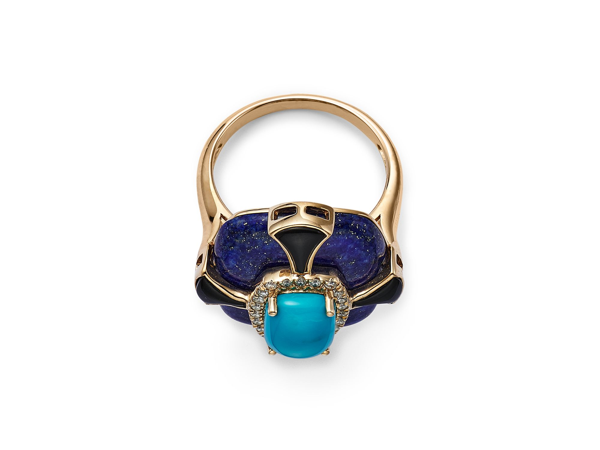 Turquoise, Onyx, Lapis Lazuli & Diamond Statement Ring in 14K Yellow Gold — Image 3